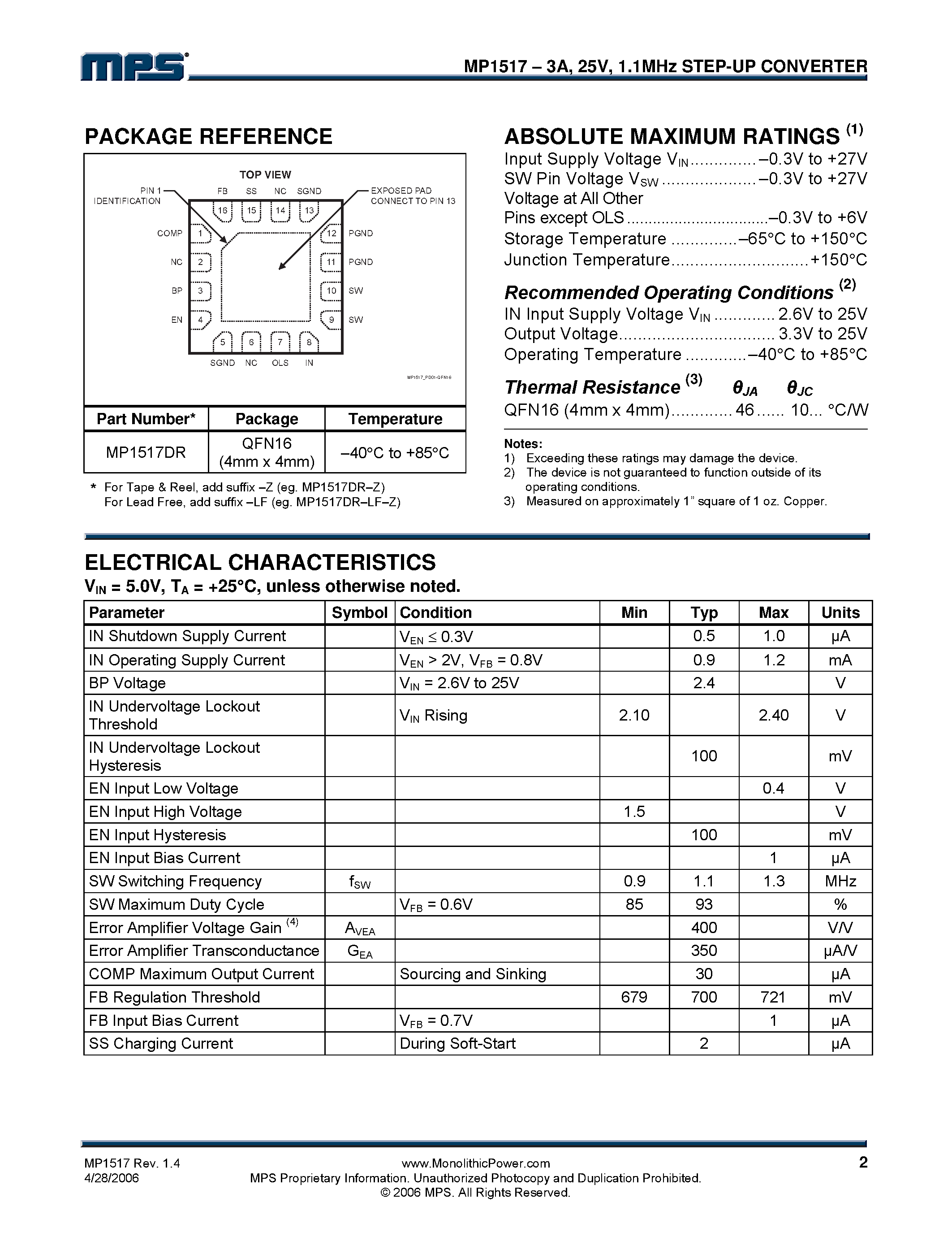 Datasheet MP1517 - 1.1MHz Step-Up Converter page 2