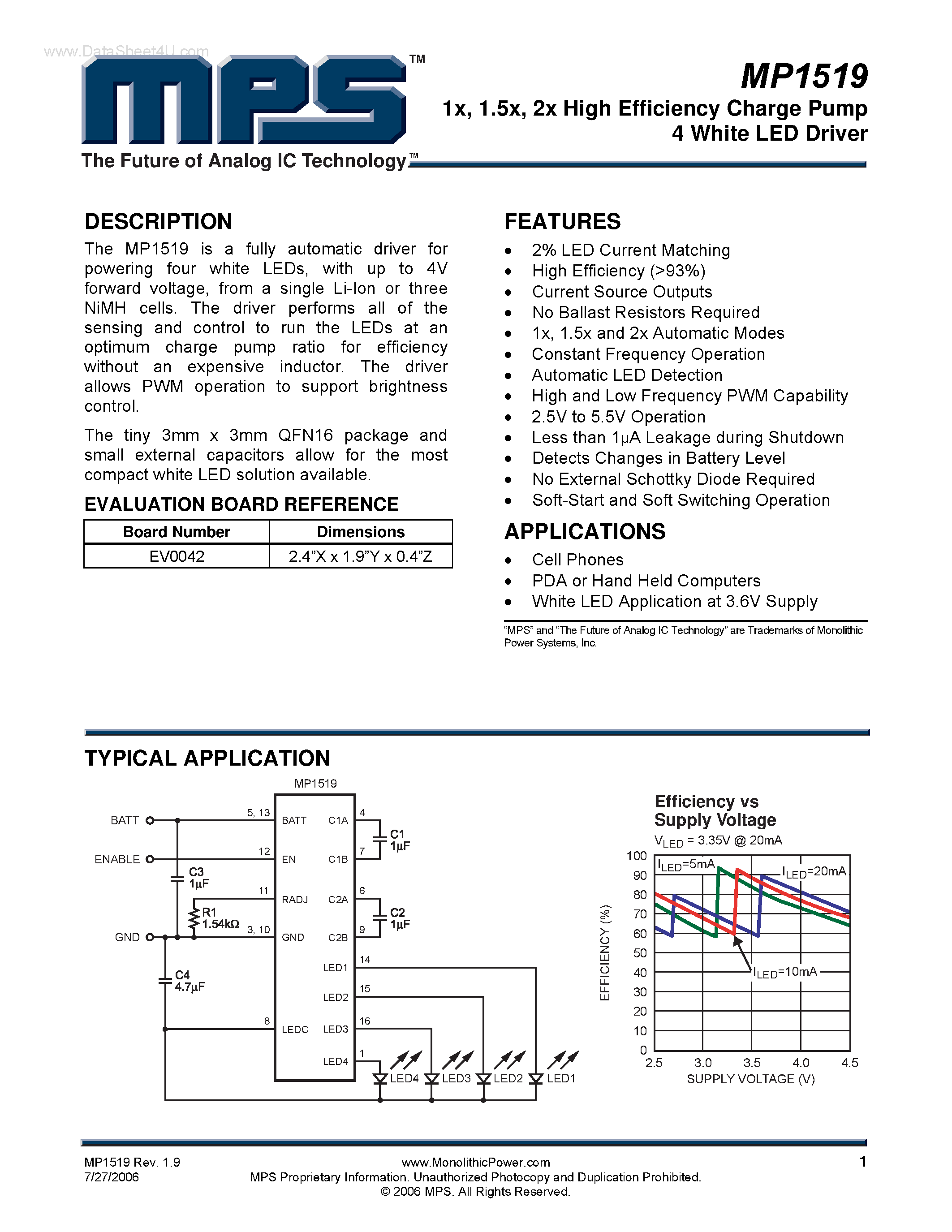 Datasheet MP1519 - High Efficiency Charge Pump 4 White LED Driver page 1