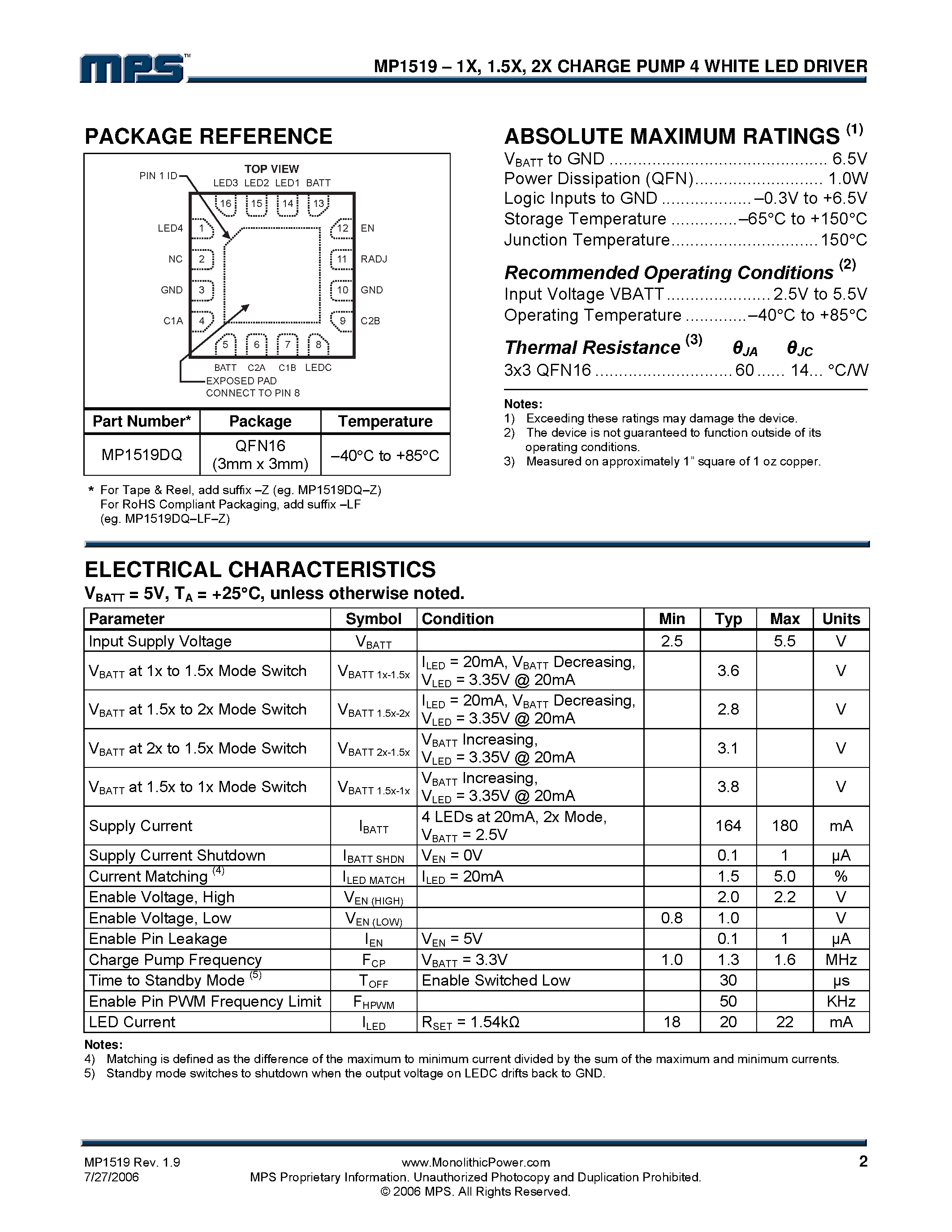 Datasheet MP1519 - High Efficiency Charge Pump 4 White LED Driver page 2