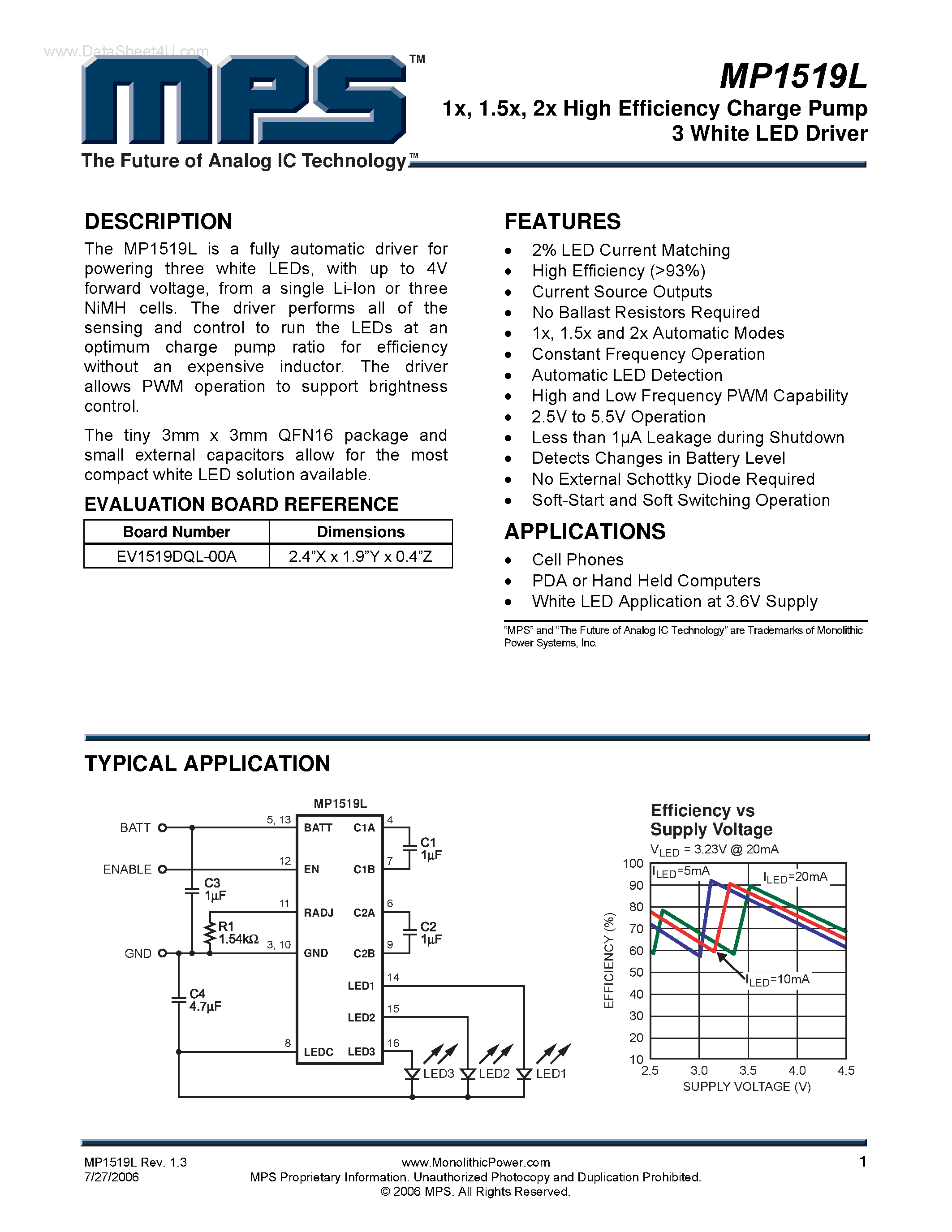 Datasheet MP1519L - High Efficiency Charge Pump 3 White LED Driver page 1