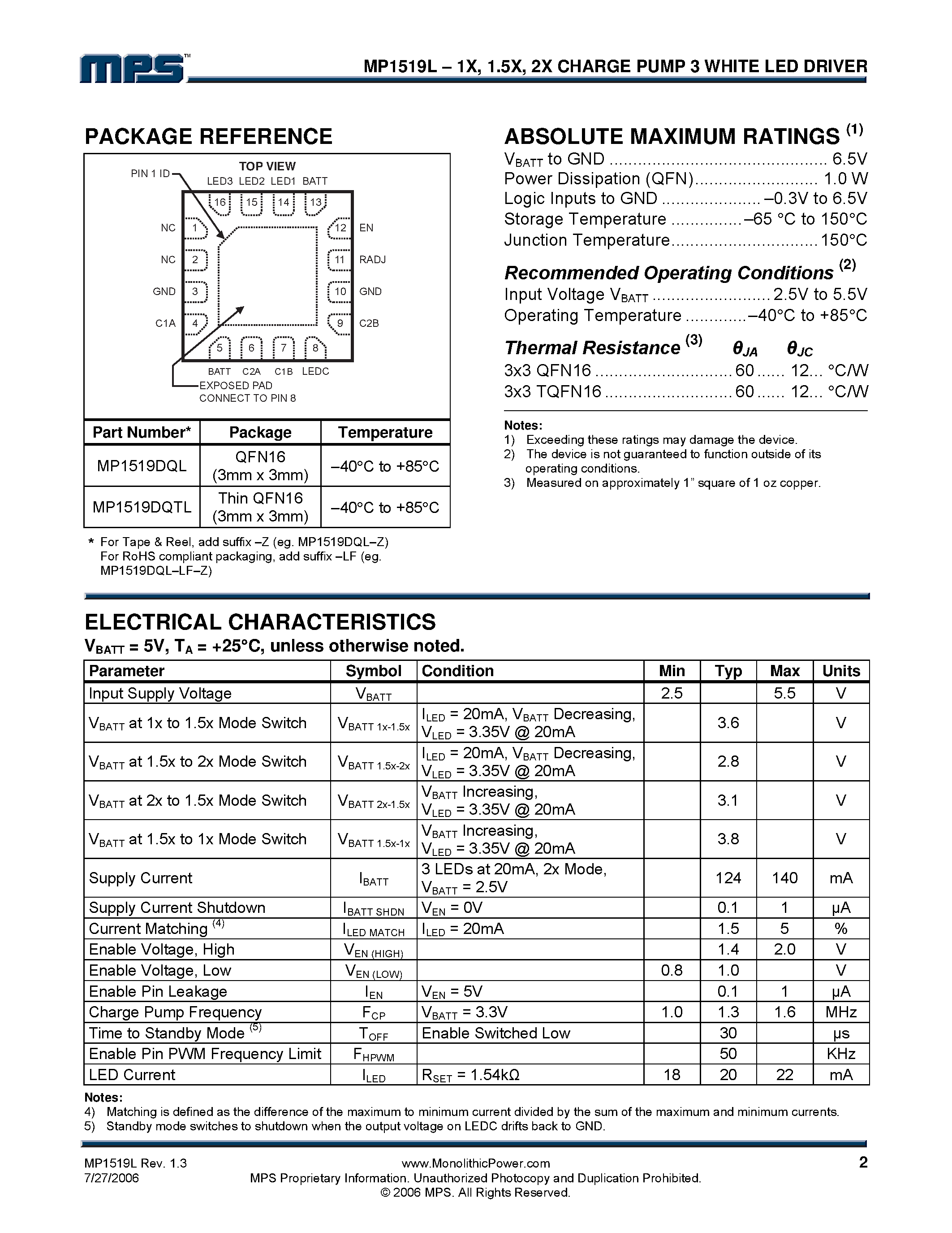 Datasheet MP1519L - High Efficiency Charge Pump 3 White LED Driver page 2