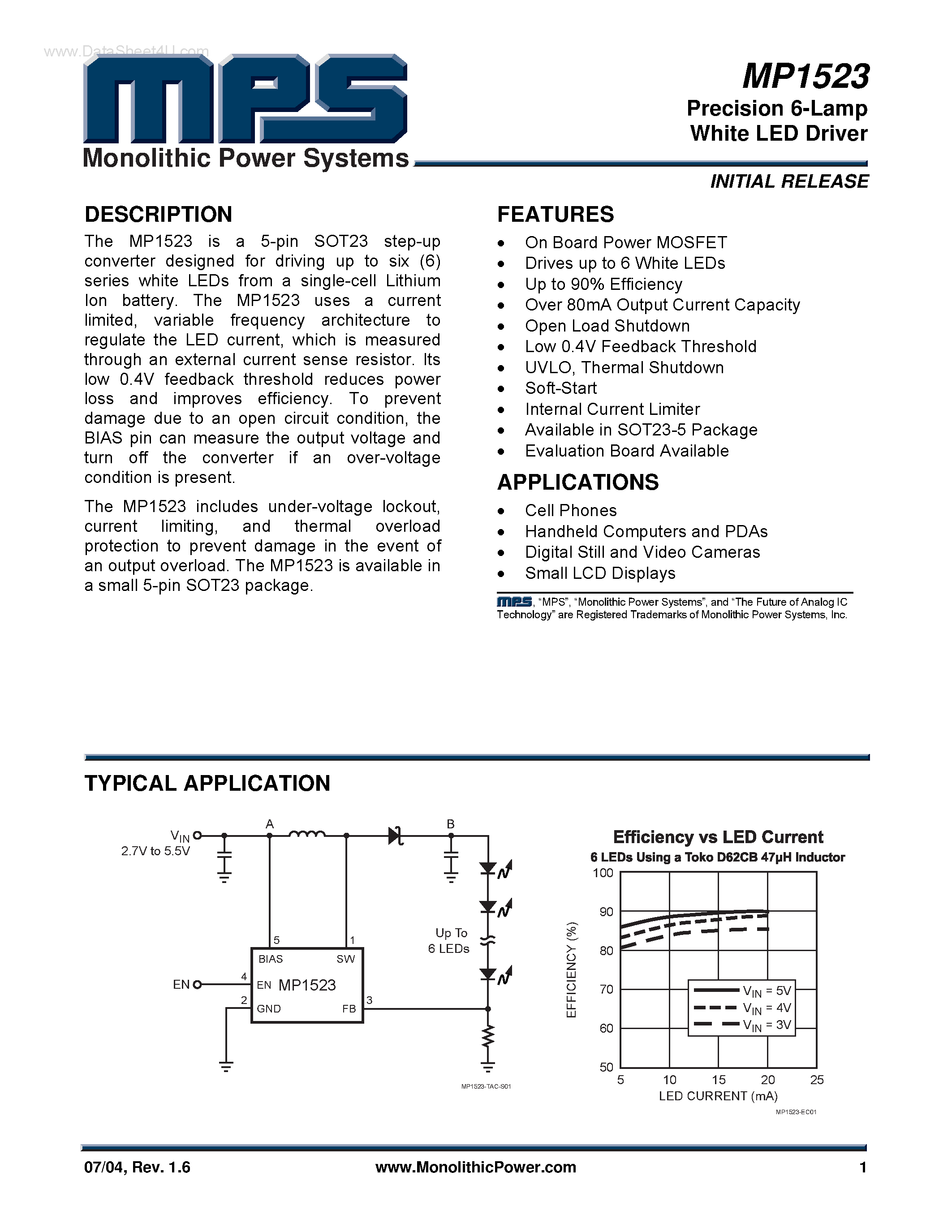 Datasheet MP1523 - Precision 6-Lamp White LED Driver page 1