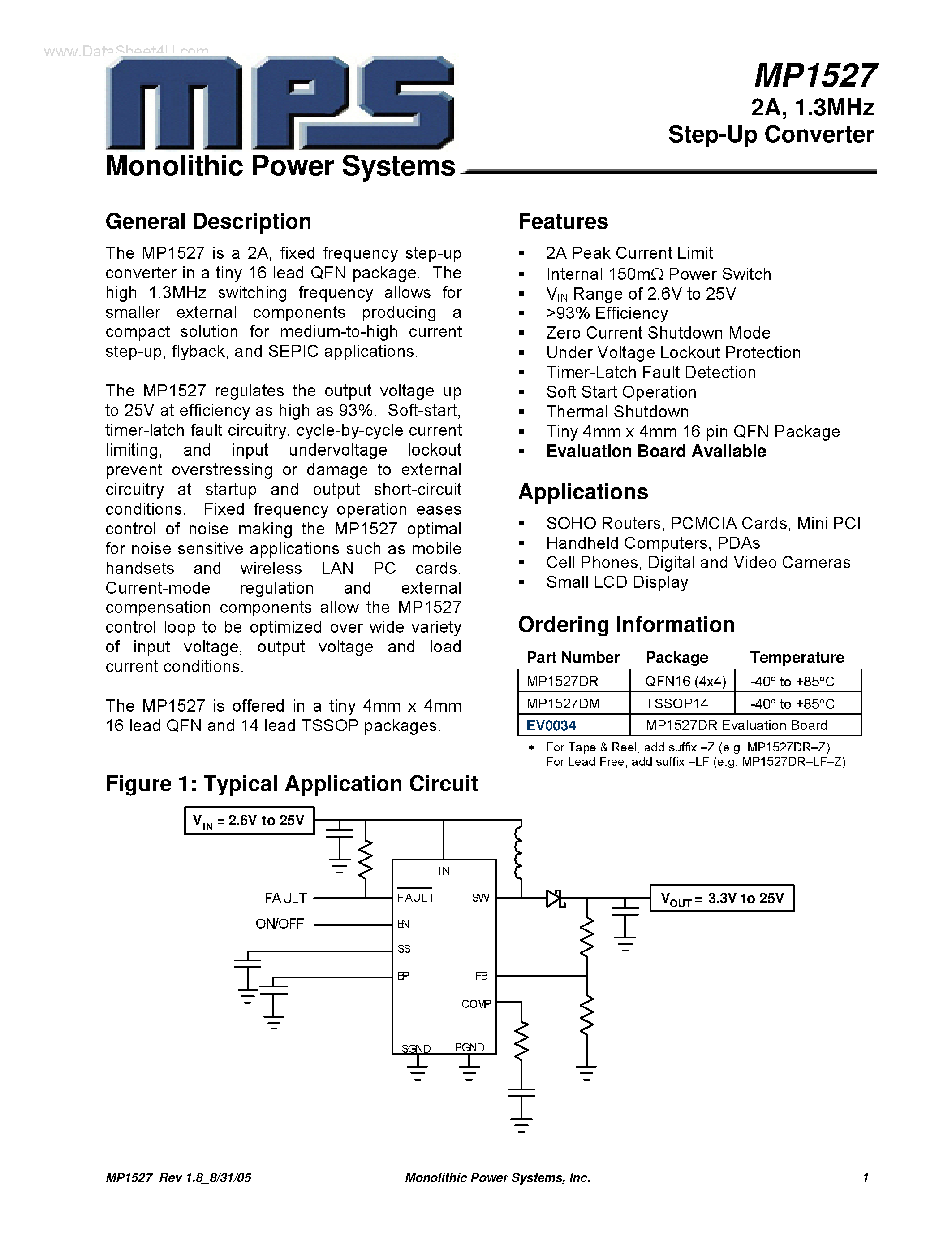Datasheet MP1527 - 1.3MHz Step-Up Converter page 1