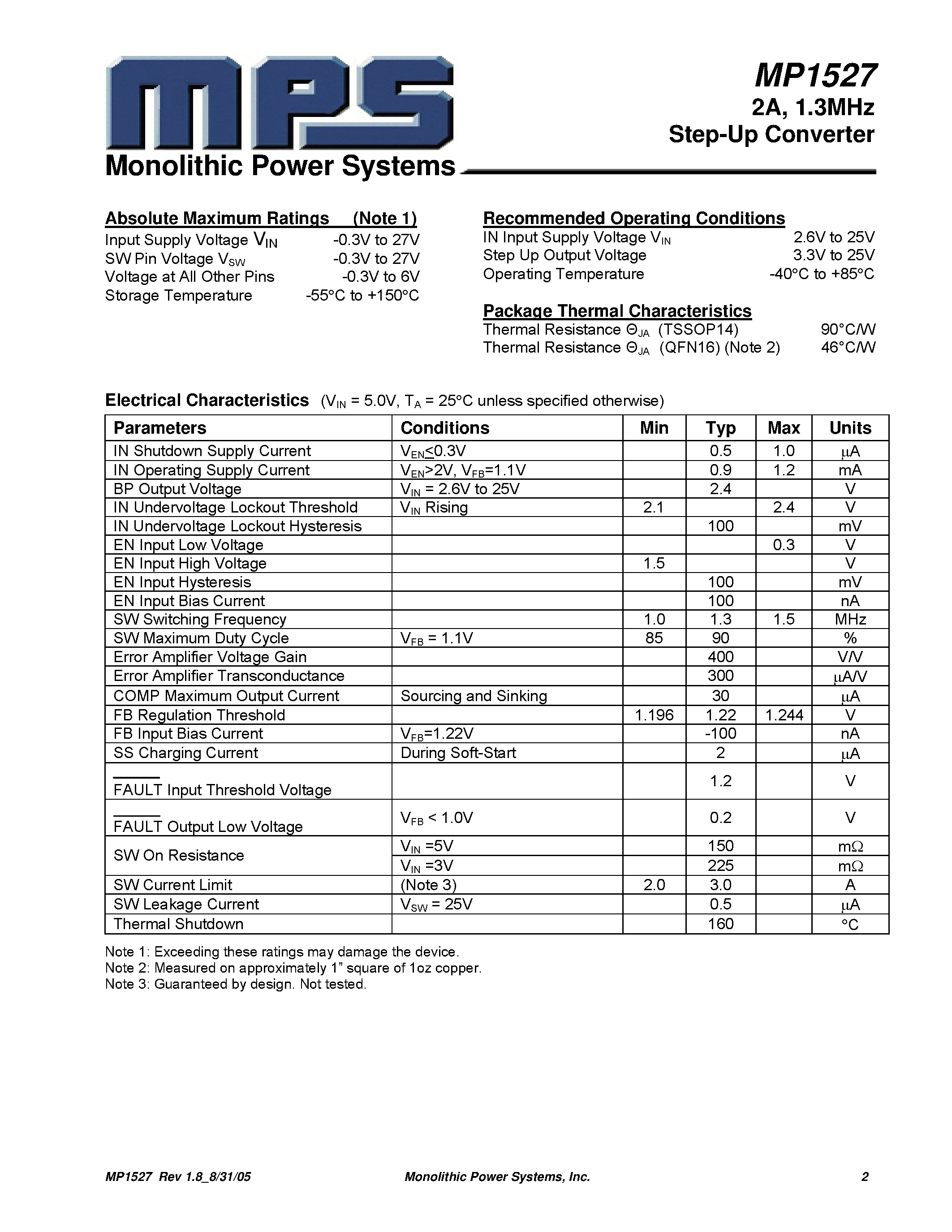 Datasheet MP1527 - 1.3MHz Step-Up Converter page 2