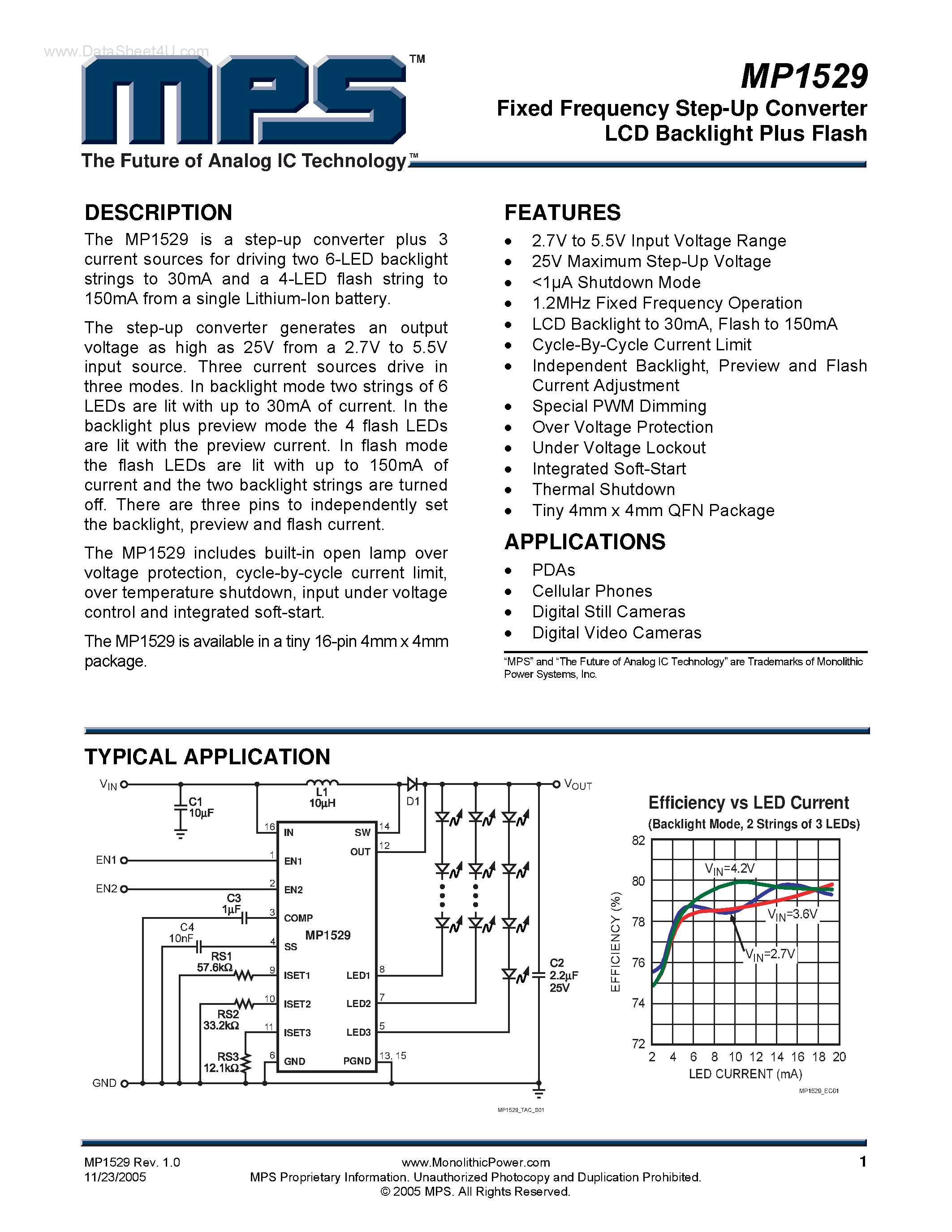 Datasheet MP1529 - Fixed Frequency Step-Up Converter LCD Backlight Plus Flash page 1