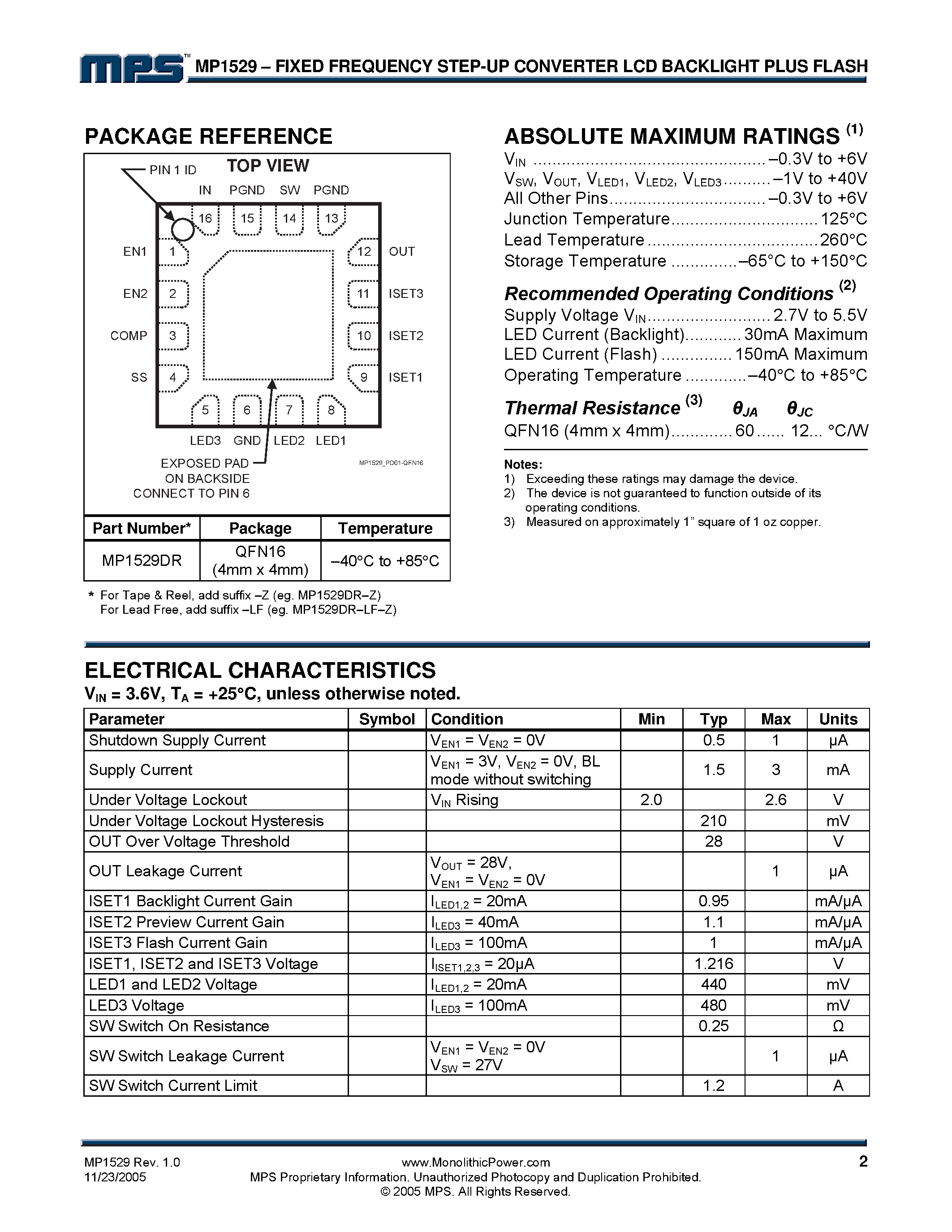 Datasheet MP1529 - Fixed Frequency Step-Up Converter LCD Backlight Plus Flash page 2