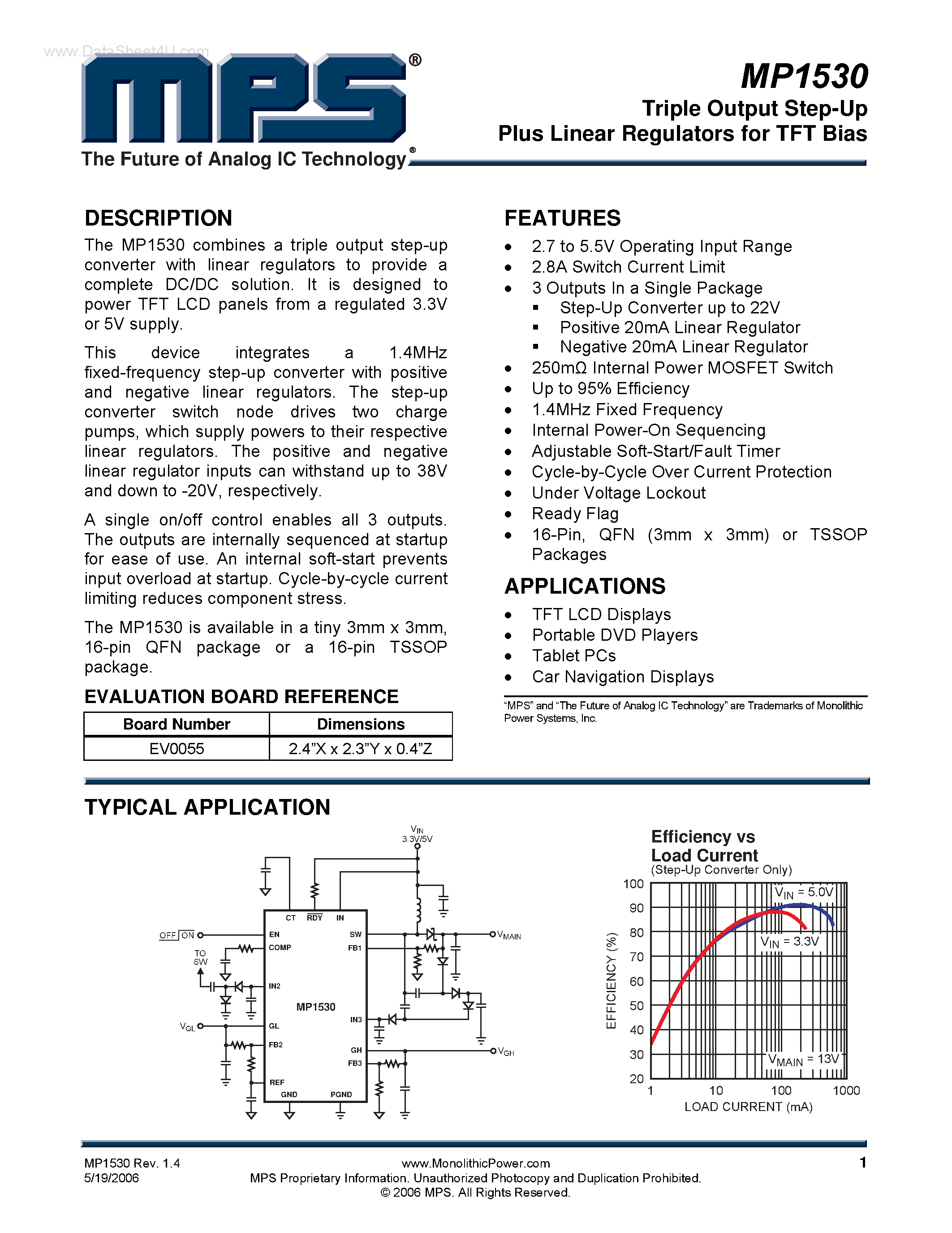 Datasheet MP1530 - Triple Output Step-Up Plus Linear Regulators page 1