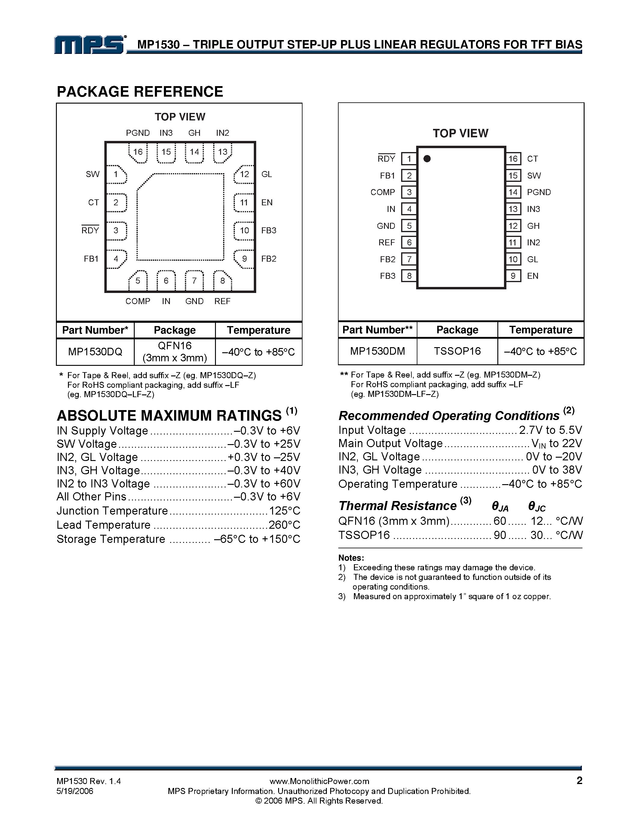 Datasheet MP1530 - Triple Output Step-Up Plus Linear Regulators page 2