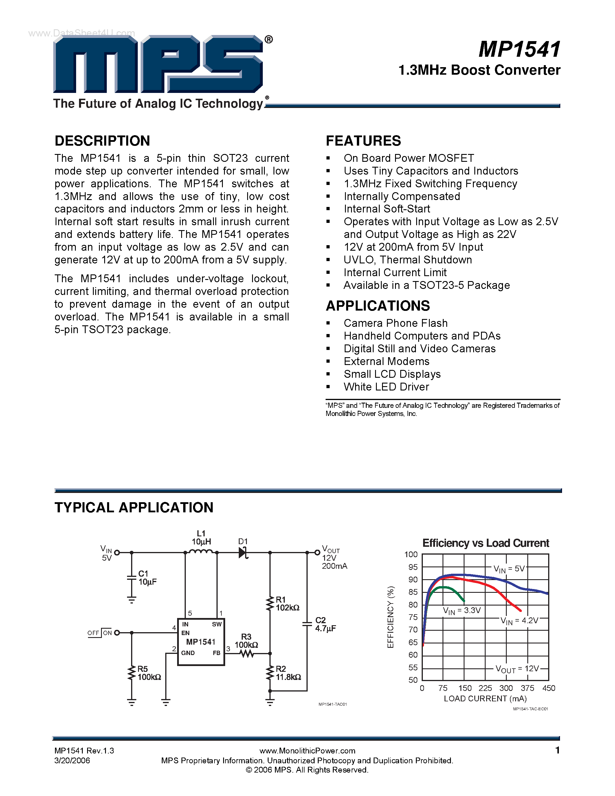Даташит на микросхему MP1541 страница 1 Даташит MP1541 - 1.3MHz Boost Converter страница 1