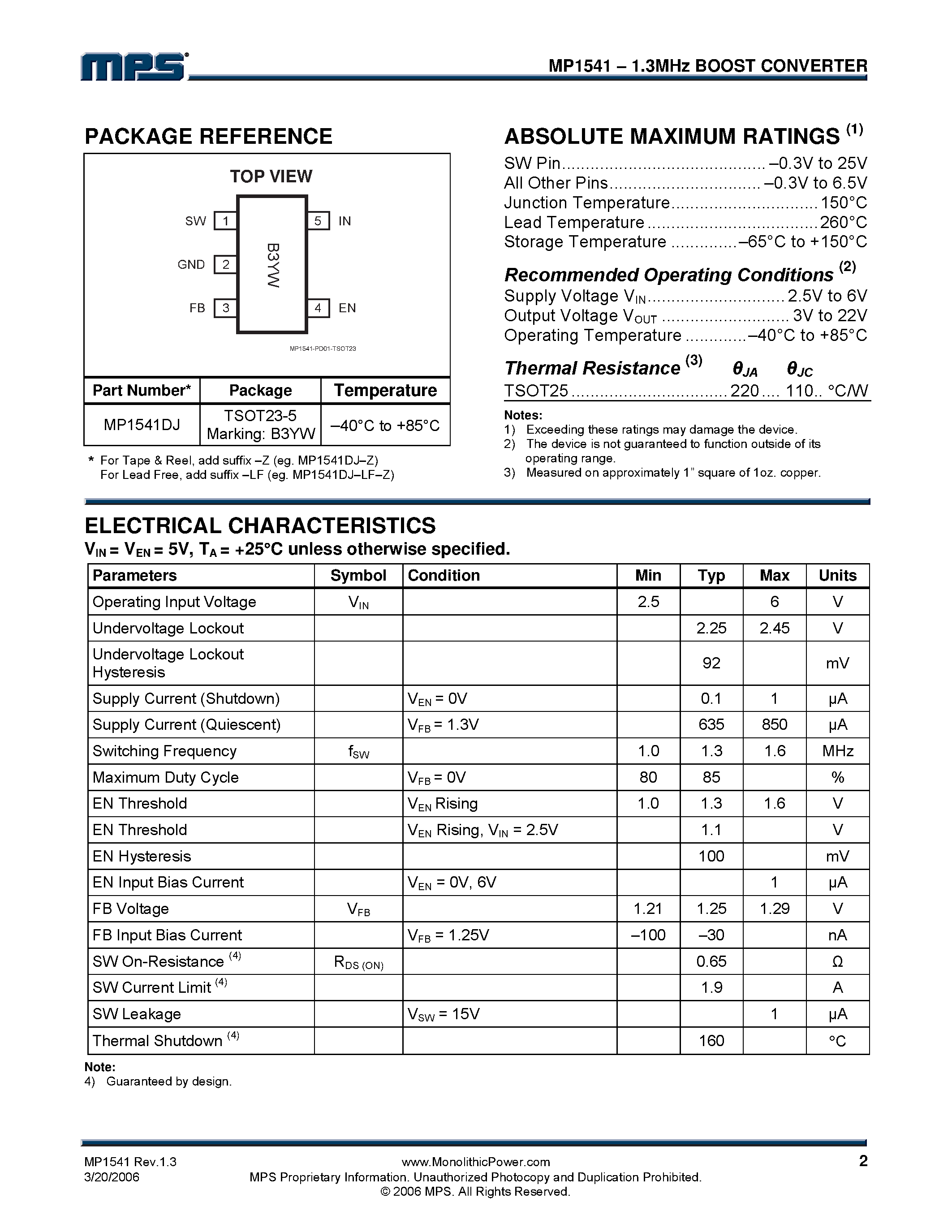 Даташит на микросхему MP1541 страница 2 Даташит MP1541 - 1.3MHz Boost Converter страница 2