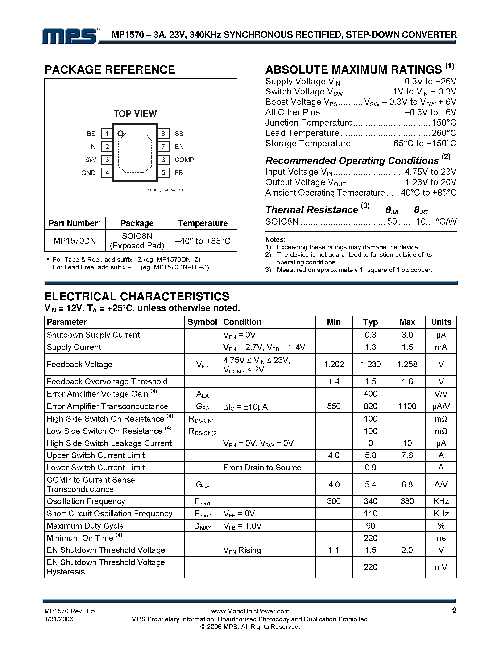 Datasheet MP1570 - 340KHz Synchronous Rectified Step-Down Converter page 2