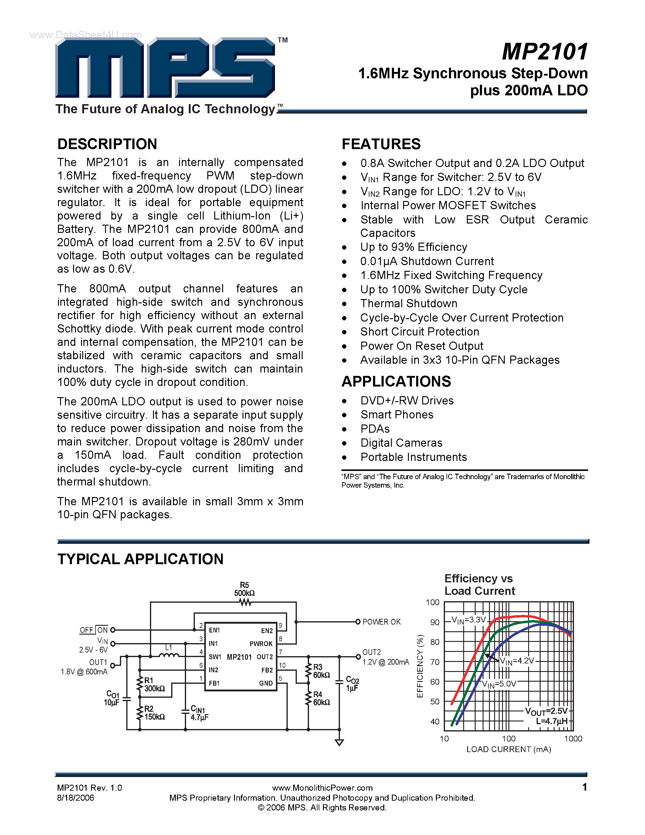 Datasheet MP2101 - 1.6MHz Synchronous Step-Down plus 200mA LDO page 1