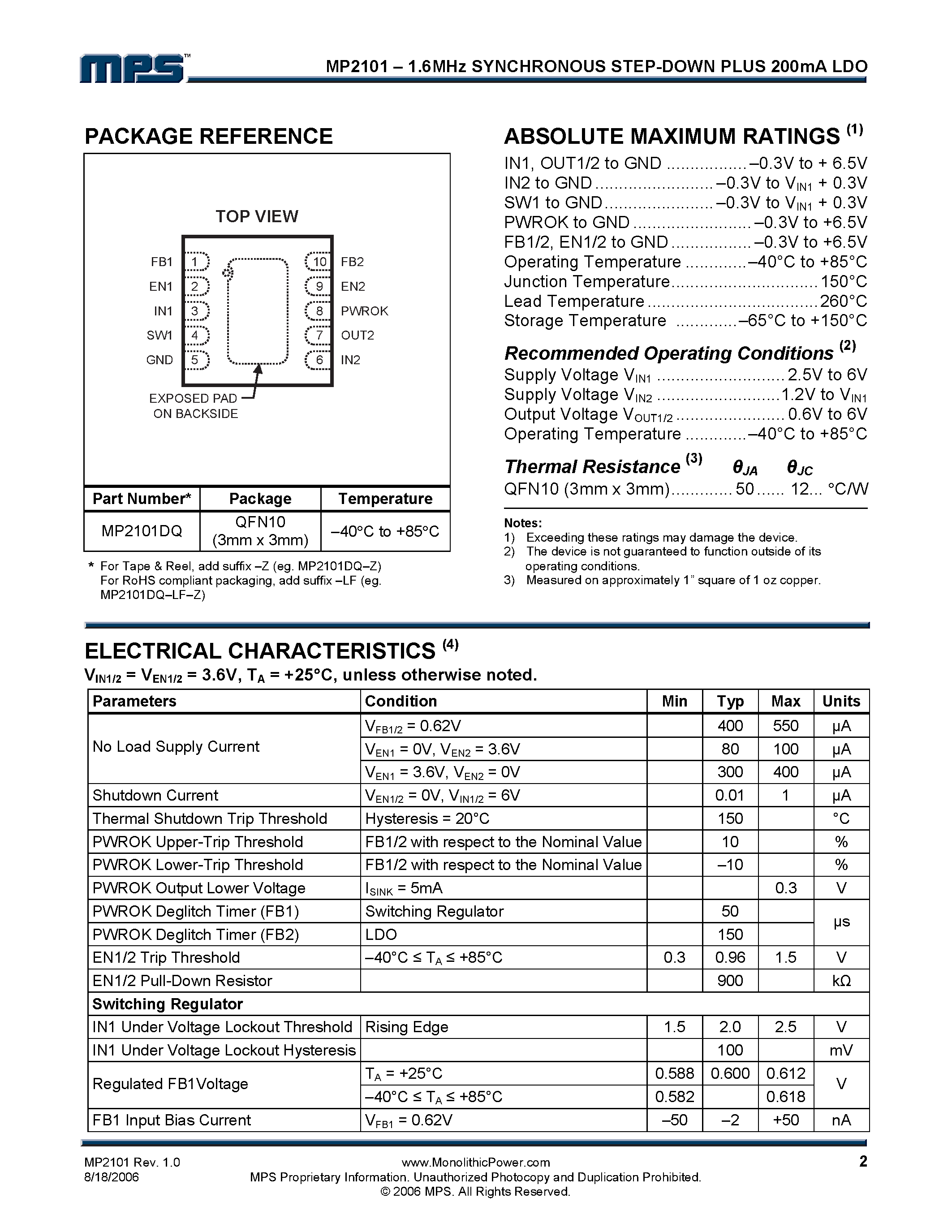 Datasheet MP2101 - 1.6MHz Synchronous Step-Down plus 200mA LDO page 2