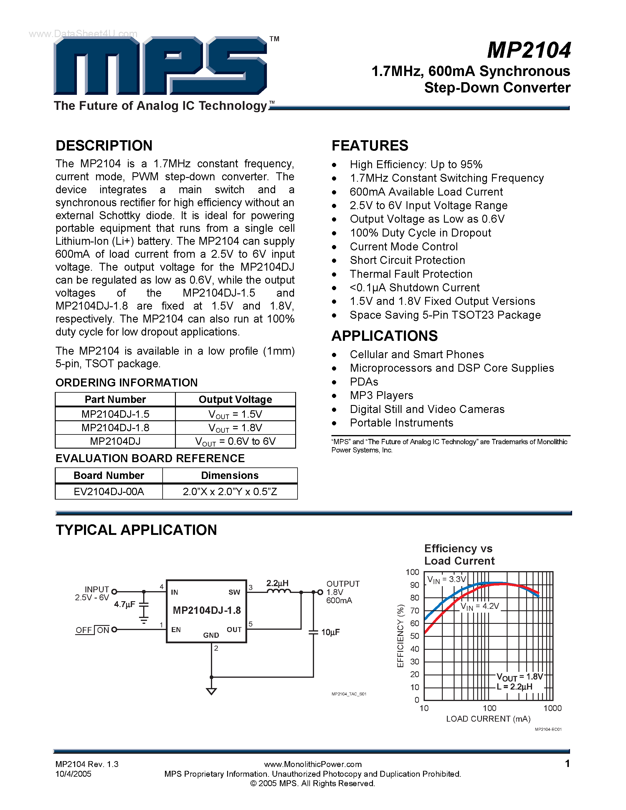 Datasheet MP2104 - 600mA Synchronous Step-Down Converter page 1