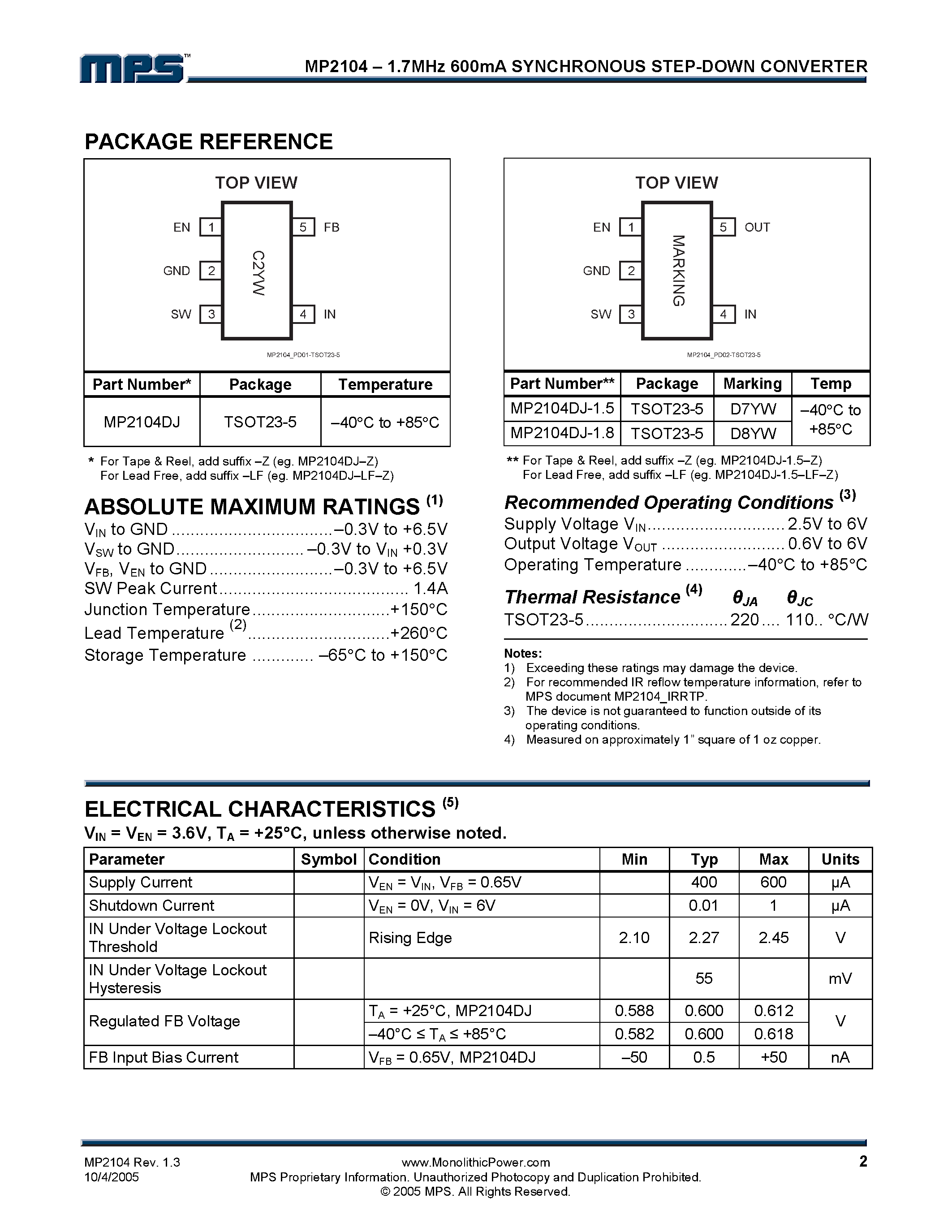 Datasheet MP2104 - 600mA Synchronous Step-Down Converter page 2