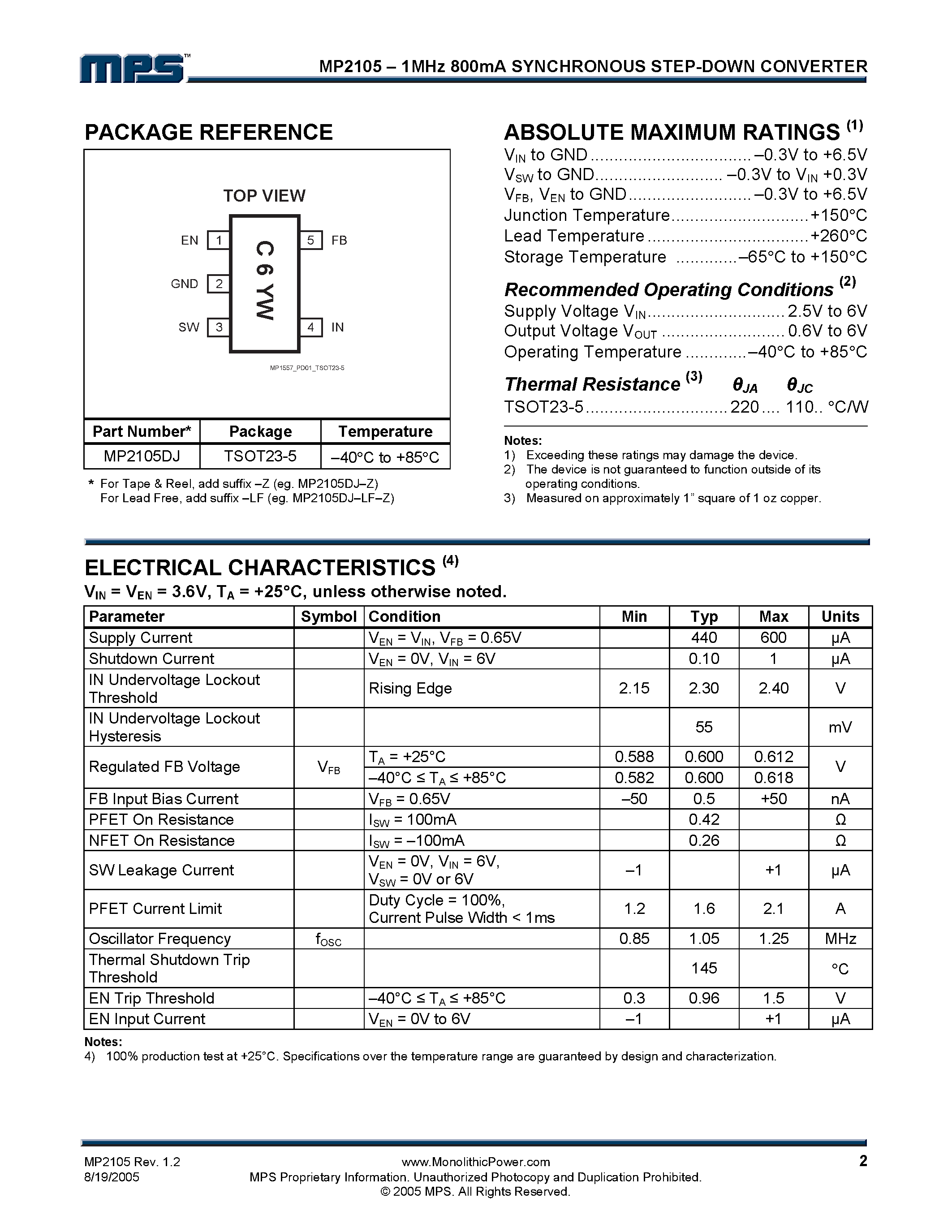 Datasheet MP2105 - 800mA Synchronous Step-Down Converter page 2