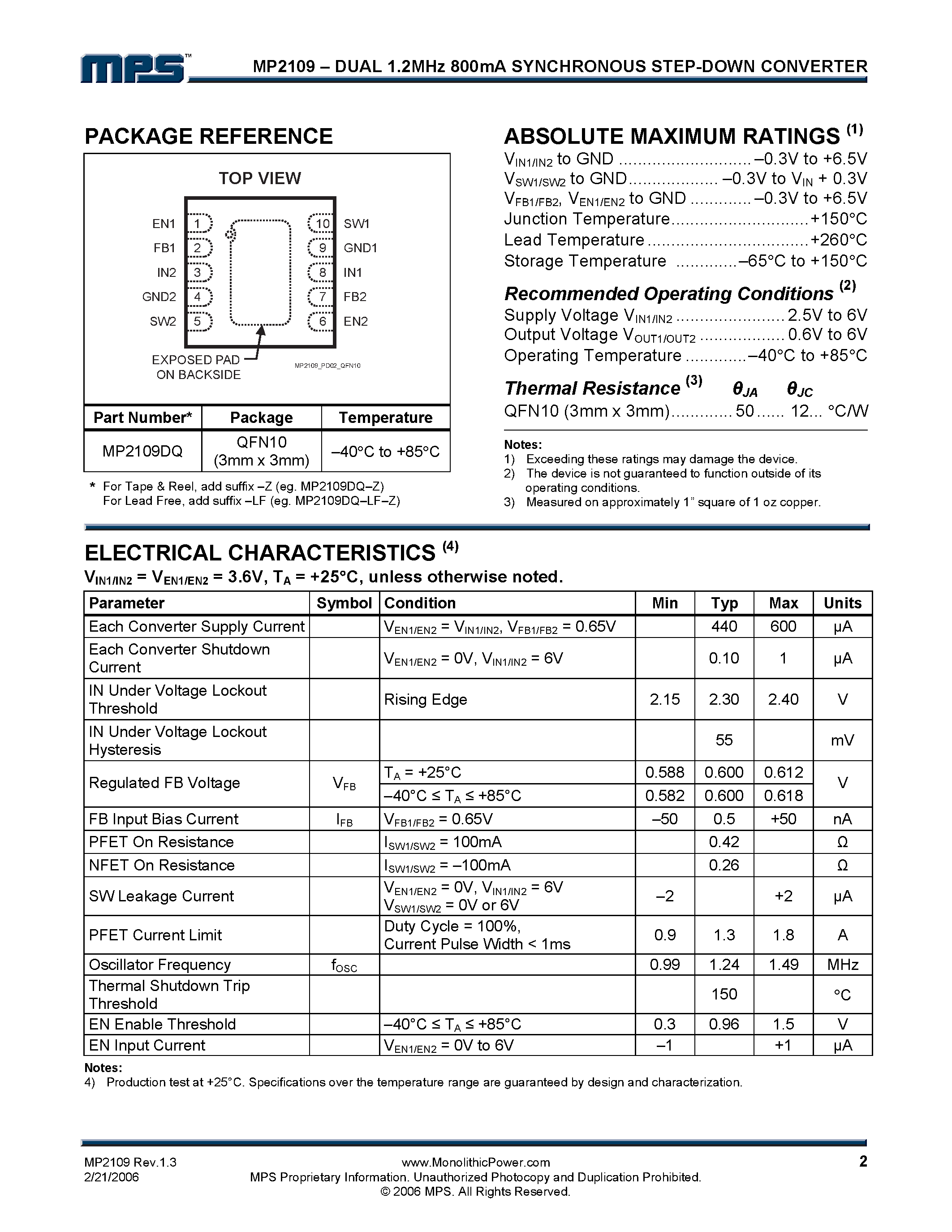 Datasheet MP2109 - 800mA Synchronous Step-Down Converter page 2
