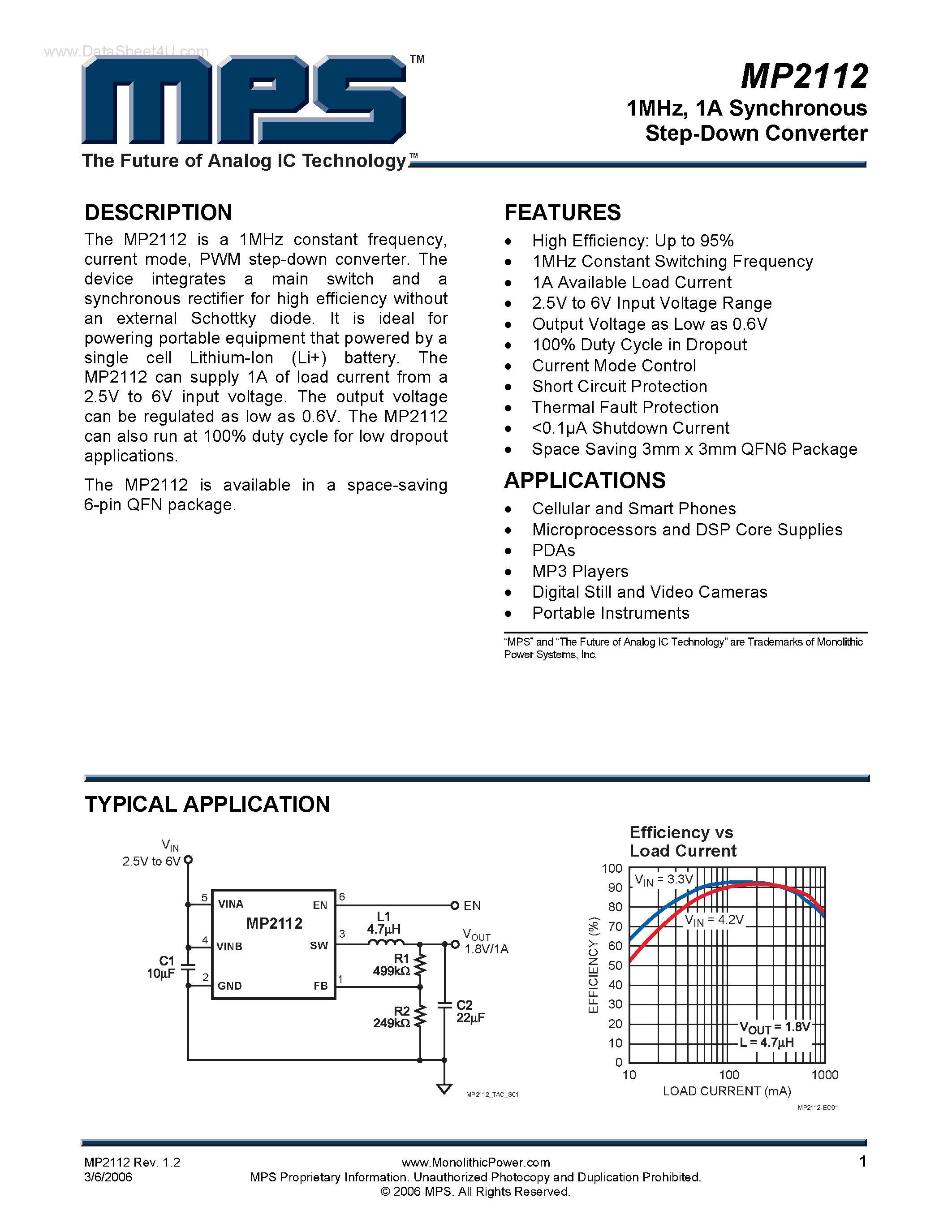 Datasheet MP2112 - 1A Synchronous Step-Down Converter page 1
