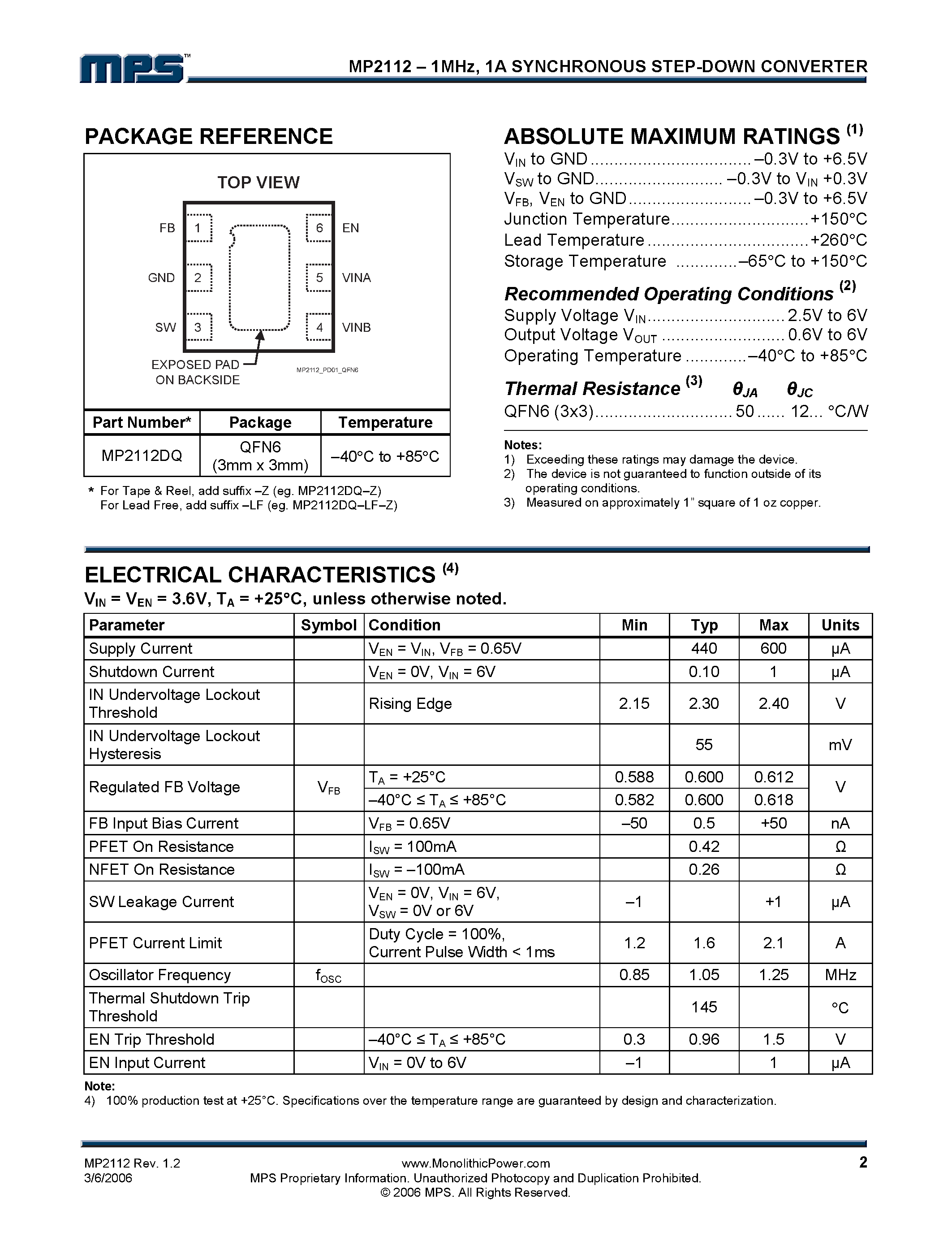 Datasheet MP2112 - 1A Synchronous Step-Down Converter page 2