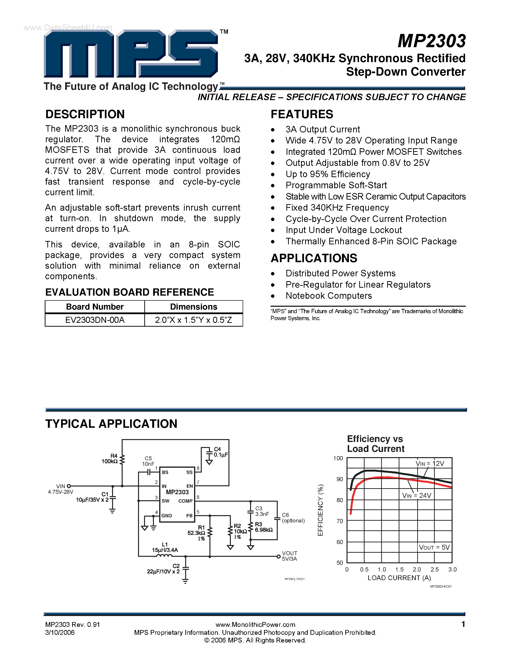 Datasheet MP2303 - 340KHz Synchronous Rectified Step-Down Converter page 1