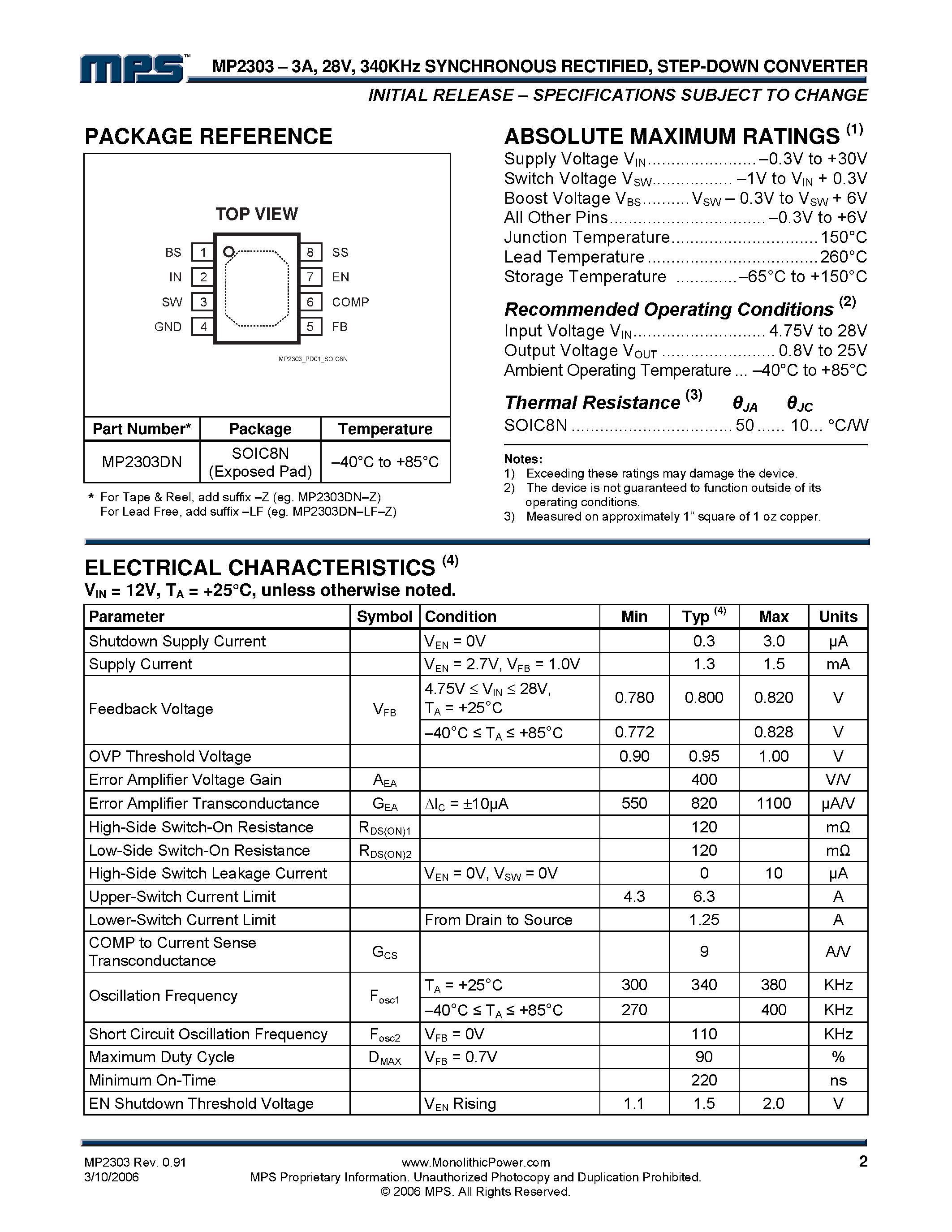 Datasheet MP2303 - 340KHz Synchronous Rectified Step-Down Converter page 2
