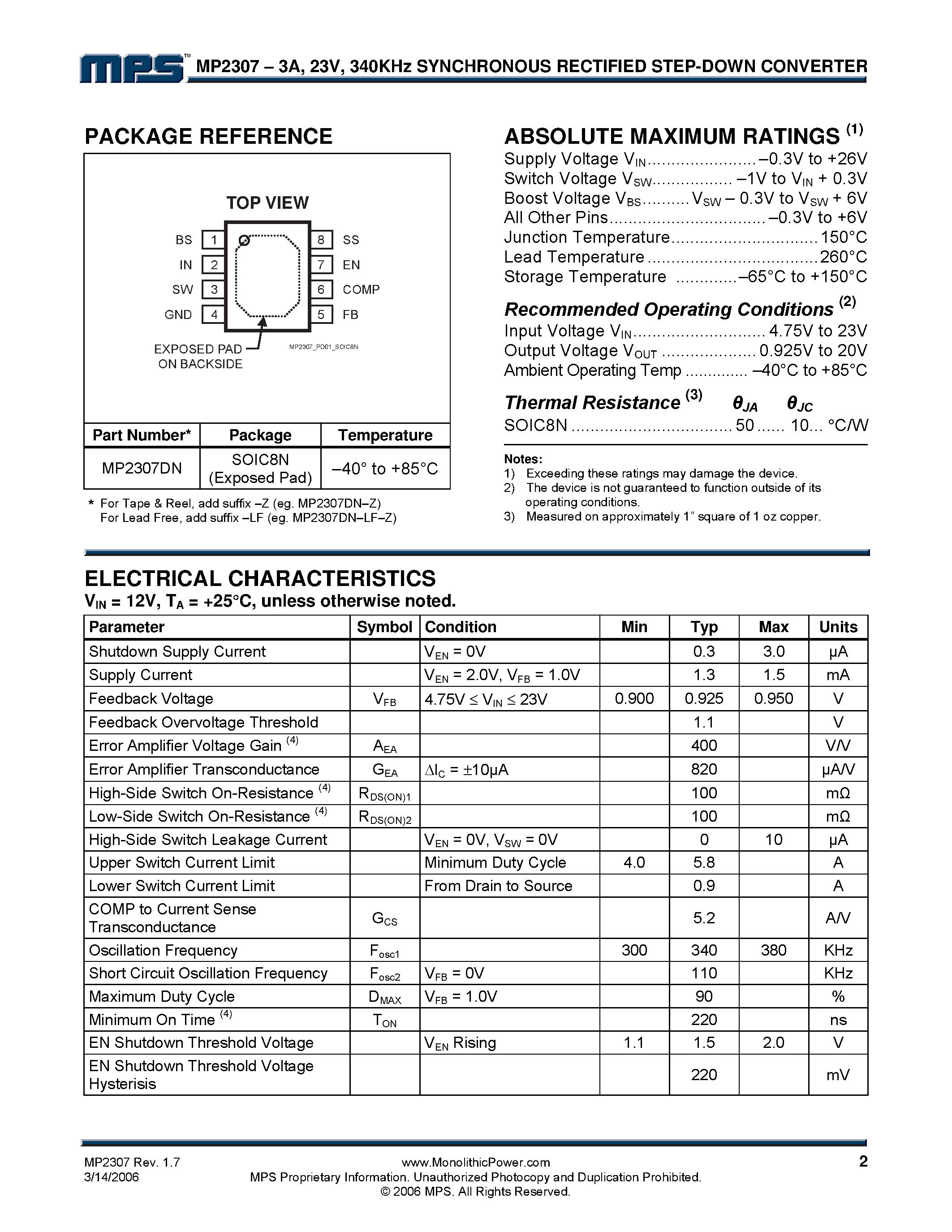 Даташит MP2307 - 340KHz Synchronous Rectified Step-Down Converter страница 2