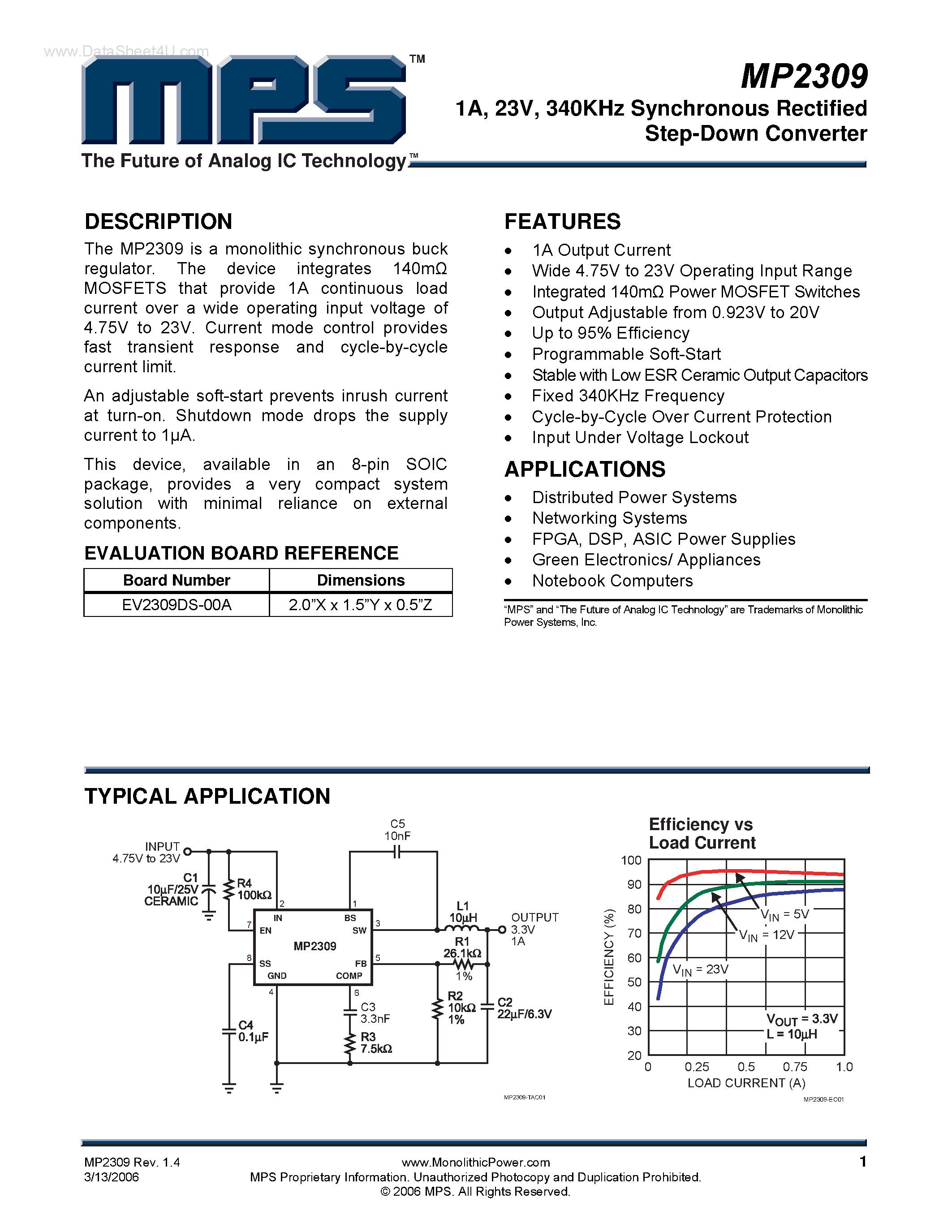 Даташит на микросхему MP2309 страница 1 Даташит MP2309 - 340KHz Synchronous Rectified Step-Down Converter страница 1