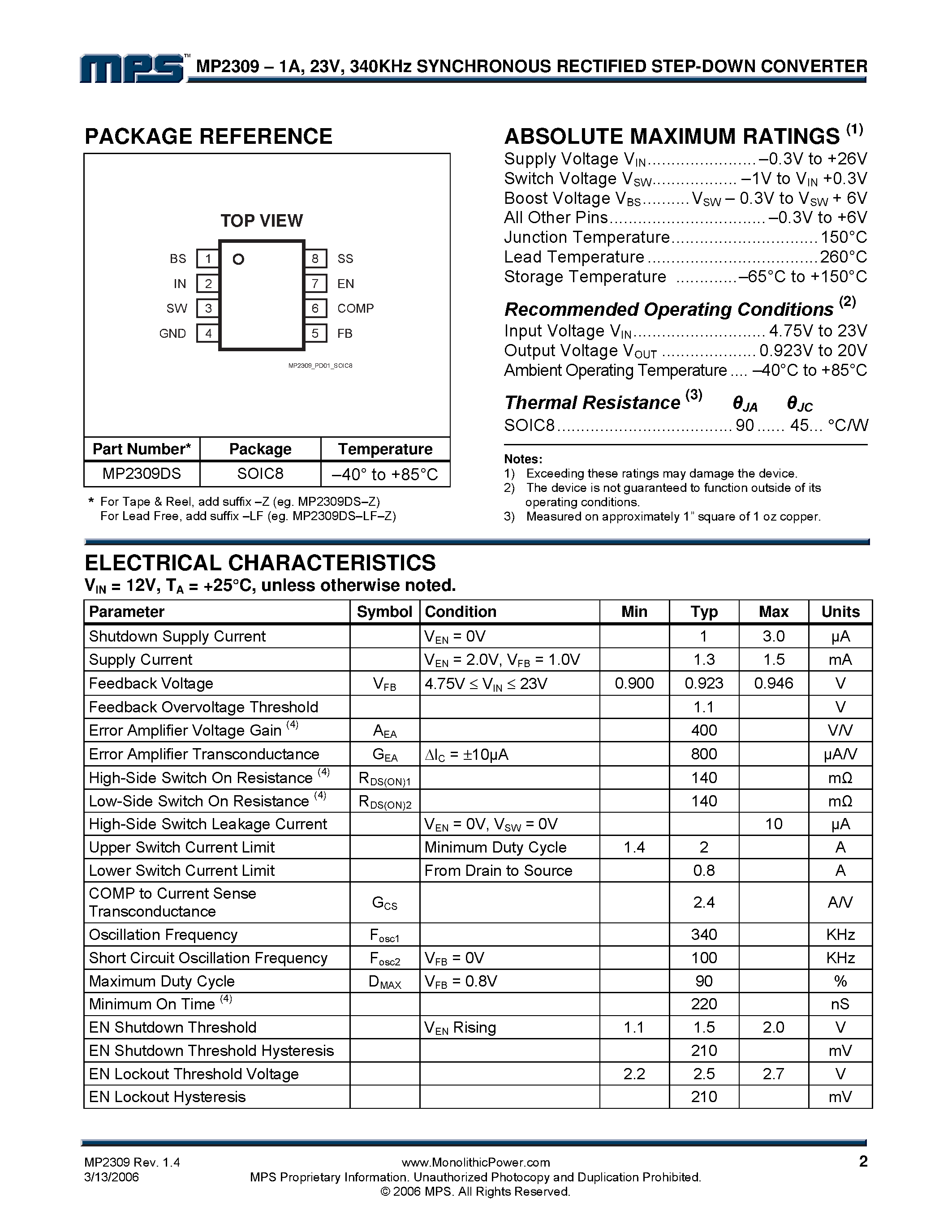 Даташит на микросхему MP2309 страница 2 Даташит MP2309 - 340KHz Synchronous Rectified Step-Down Converter страница 2