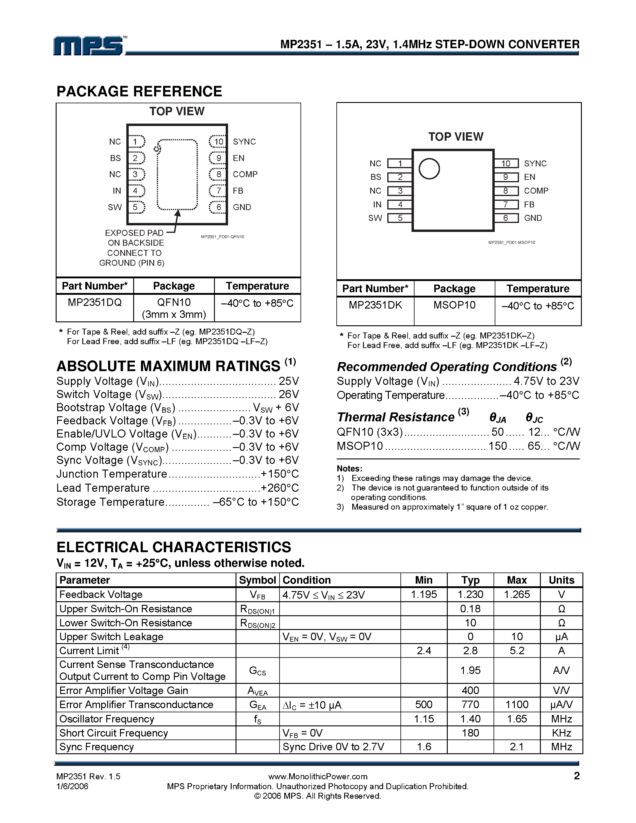 Datasheet MP2351 - 1.4MHz Step-Down Converter page 2