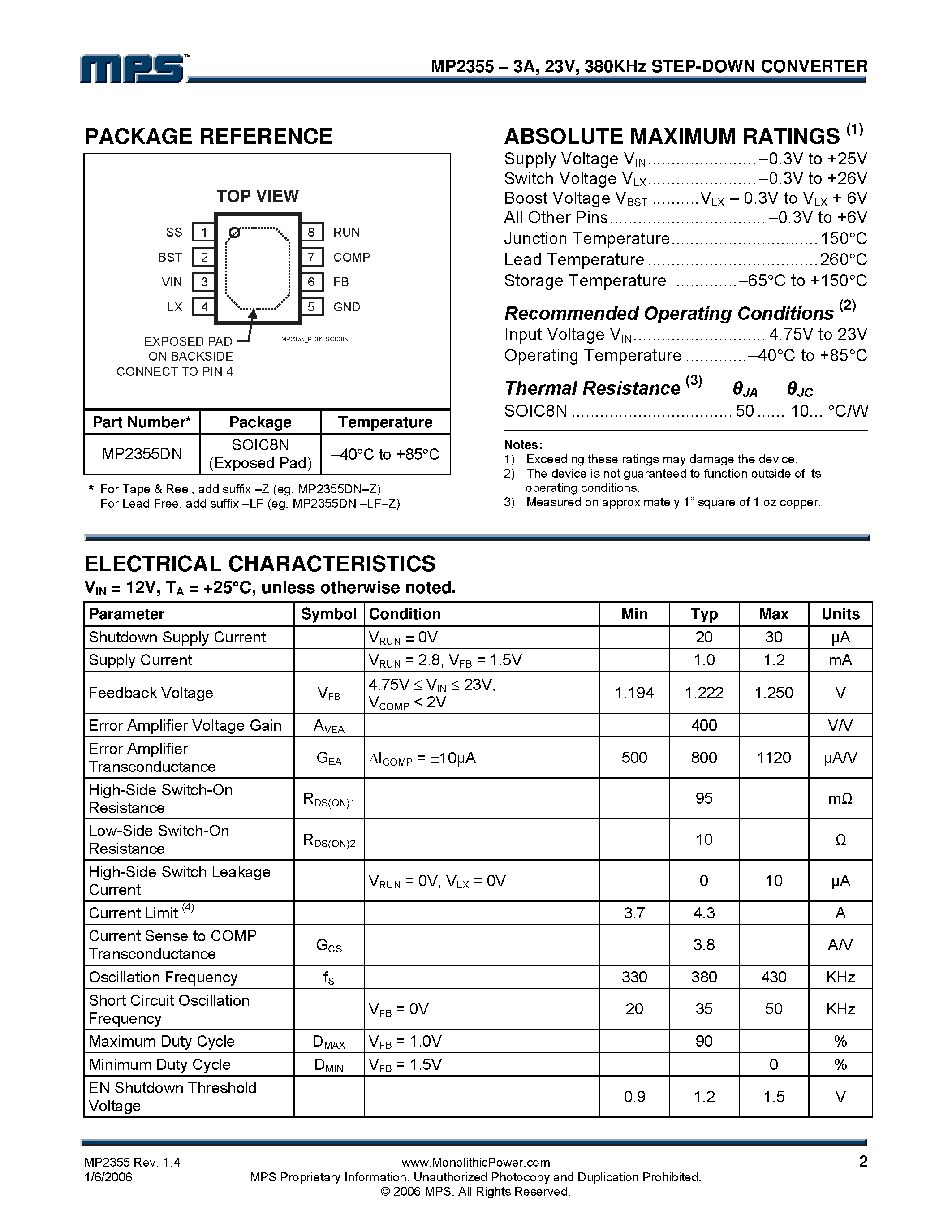 Datasheet MP2355 - 380KHz Step-Down Converter page 2