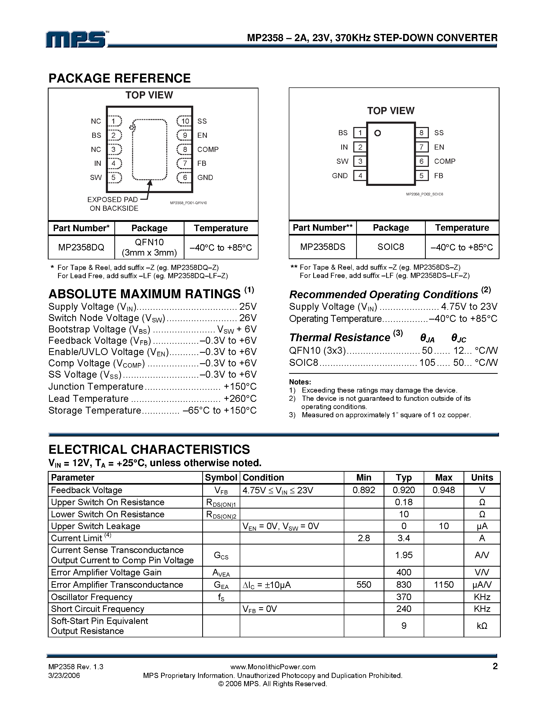 Datasheet MP2358 - 370KHz Step-Down Converter page 2