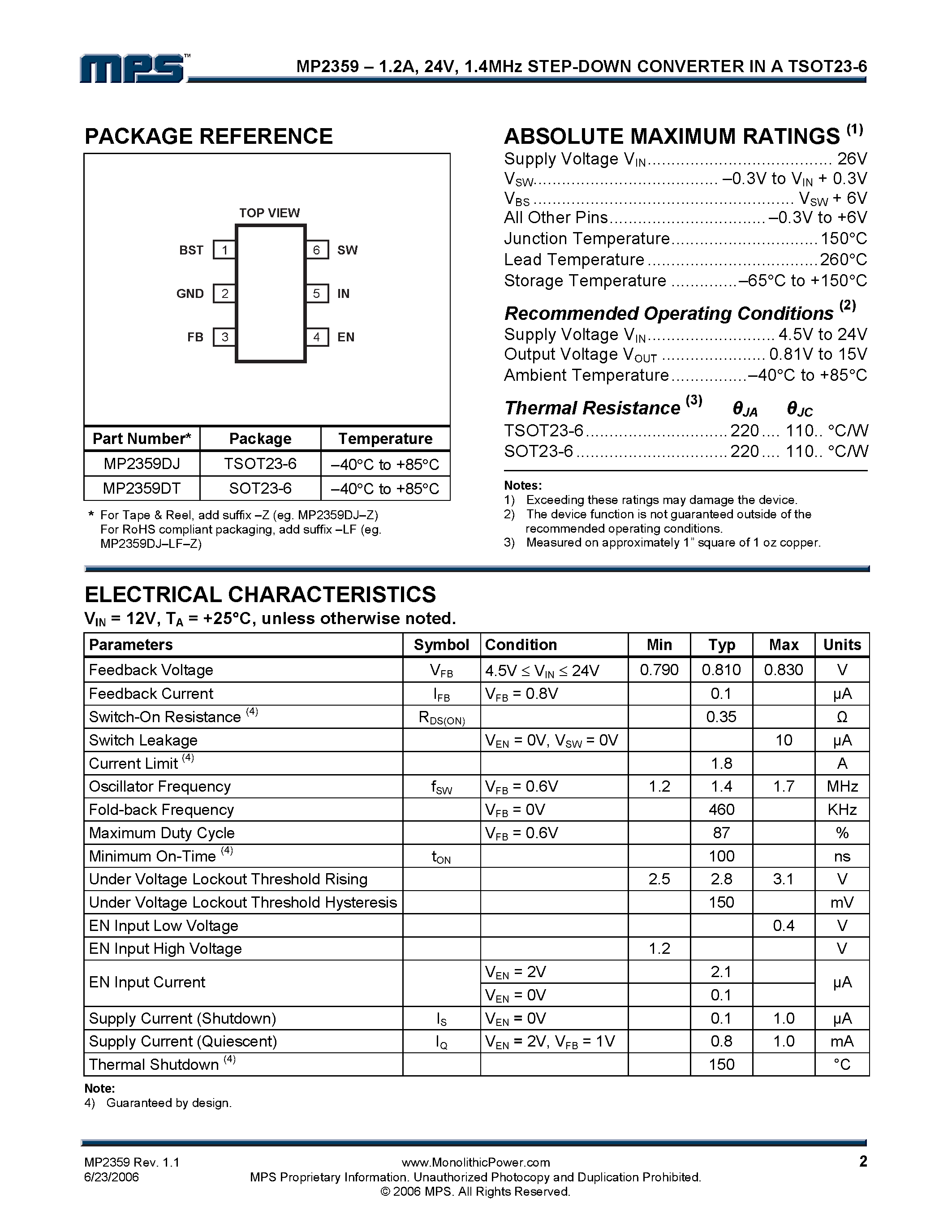 Datasheet MP2359 - 1.4MHz Step-Down Converter page 2