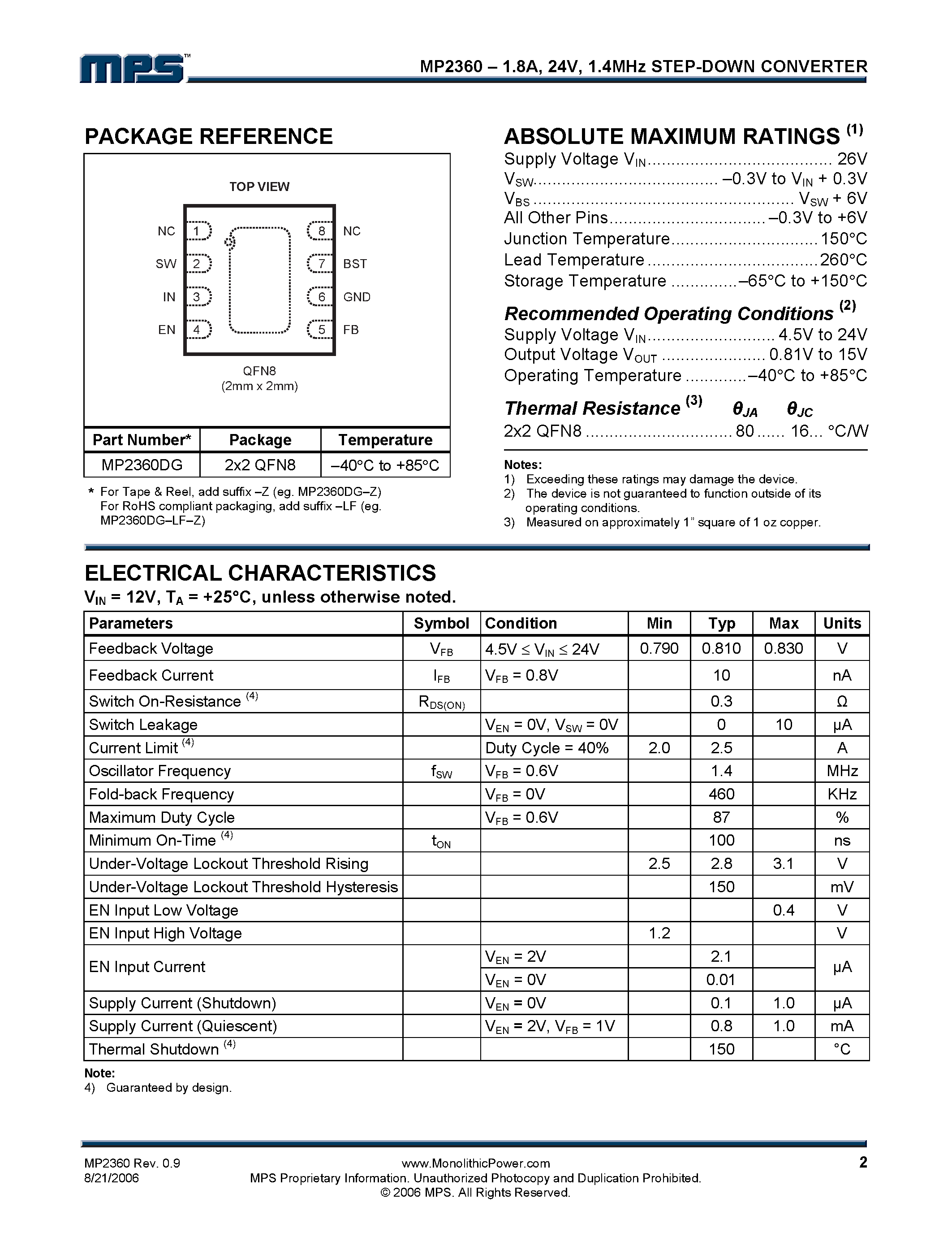 Datasheet MP2360 - 1.4MHz Step-Down Converter page 2