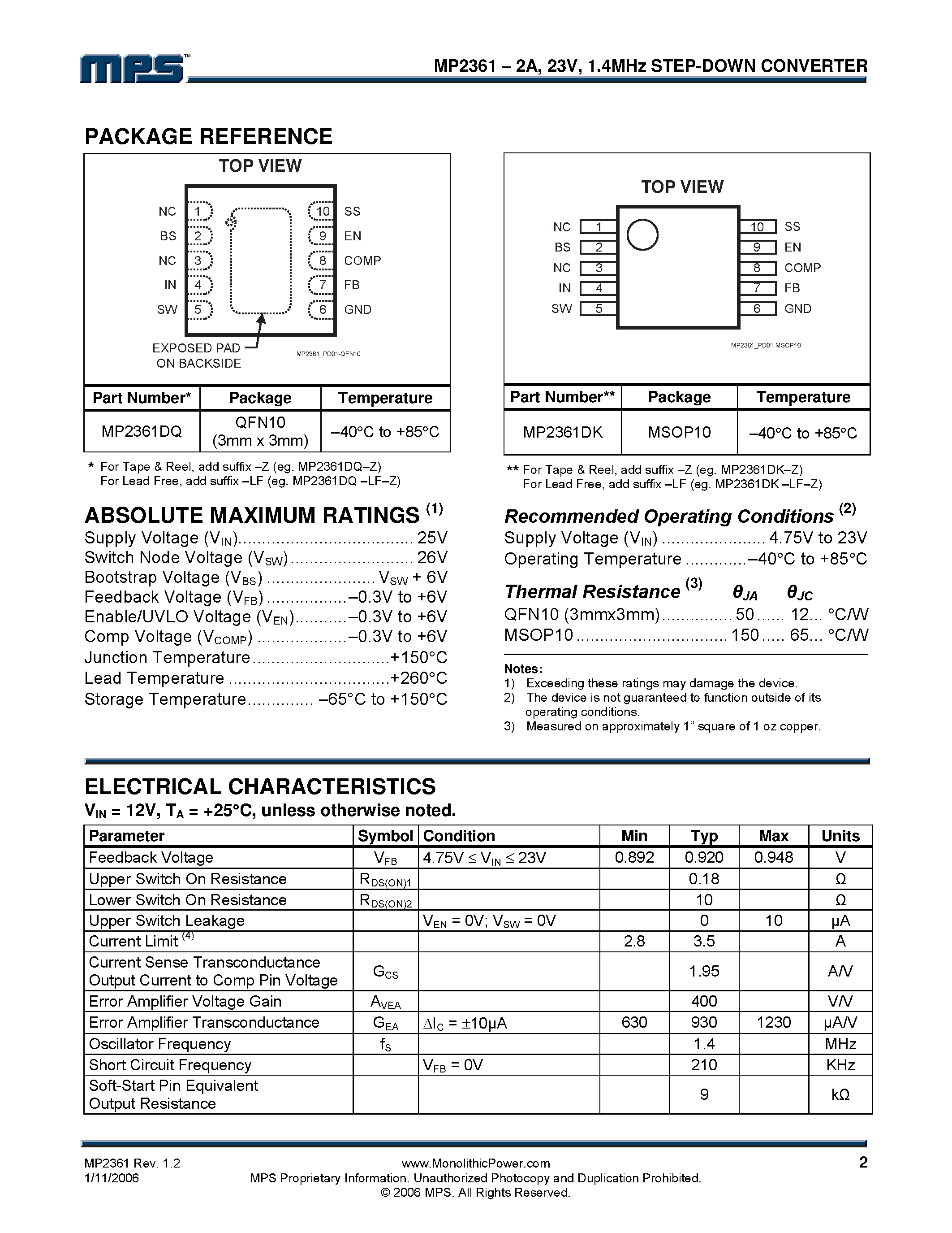 Datasheet MP2361 - 1.4MHz Step-Down Converter page 2