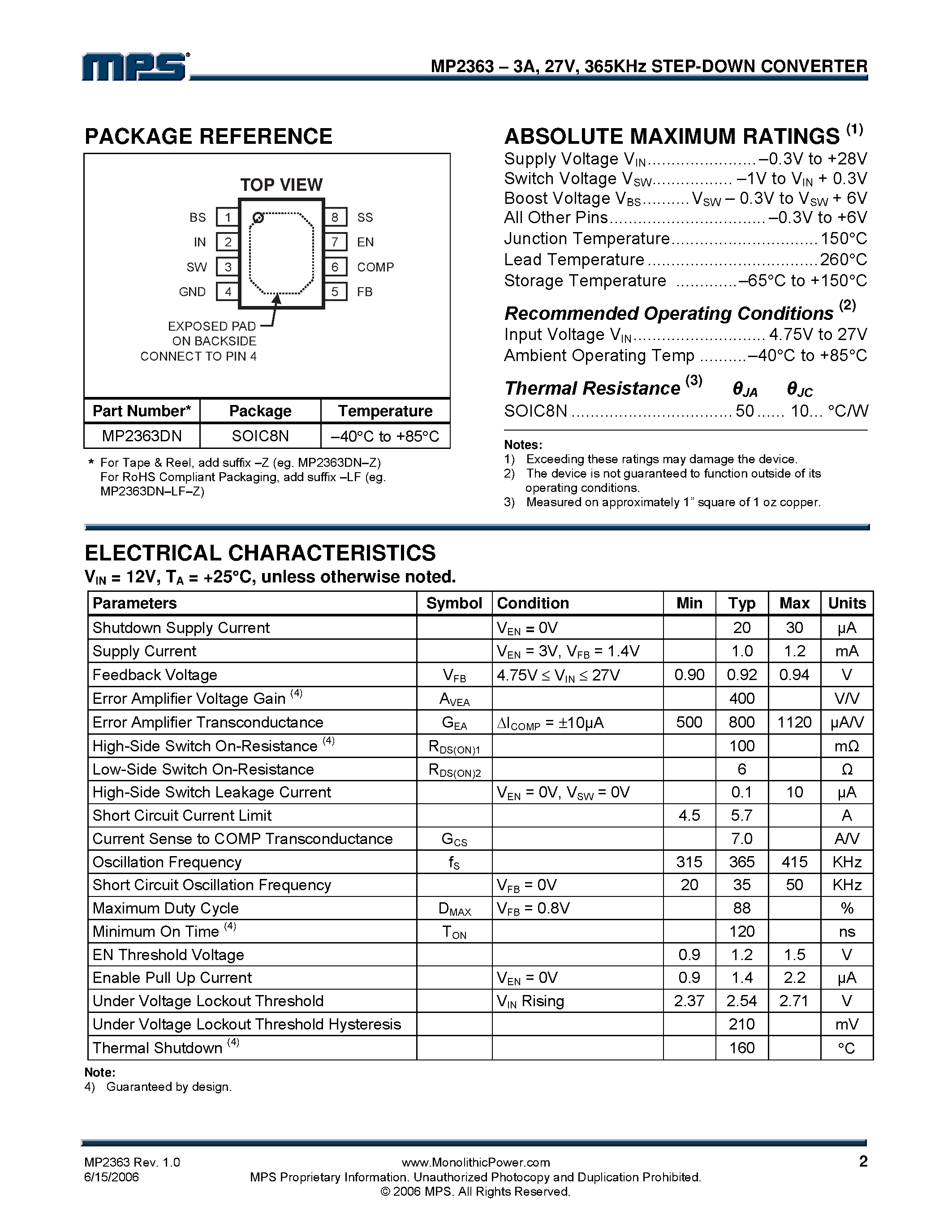 Datasheet MP2363 - 365KHz Step-Down Converter page 2