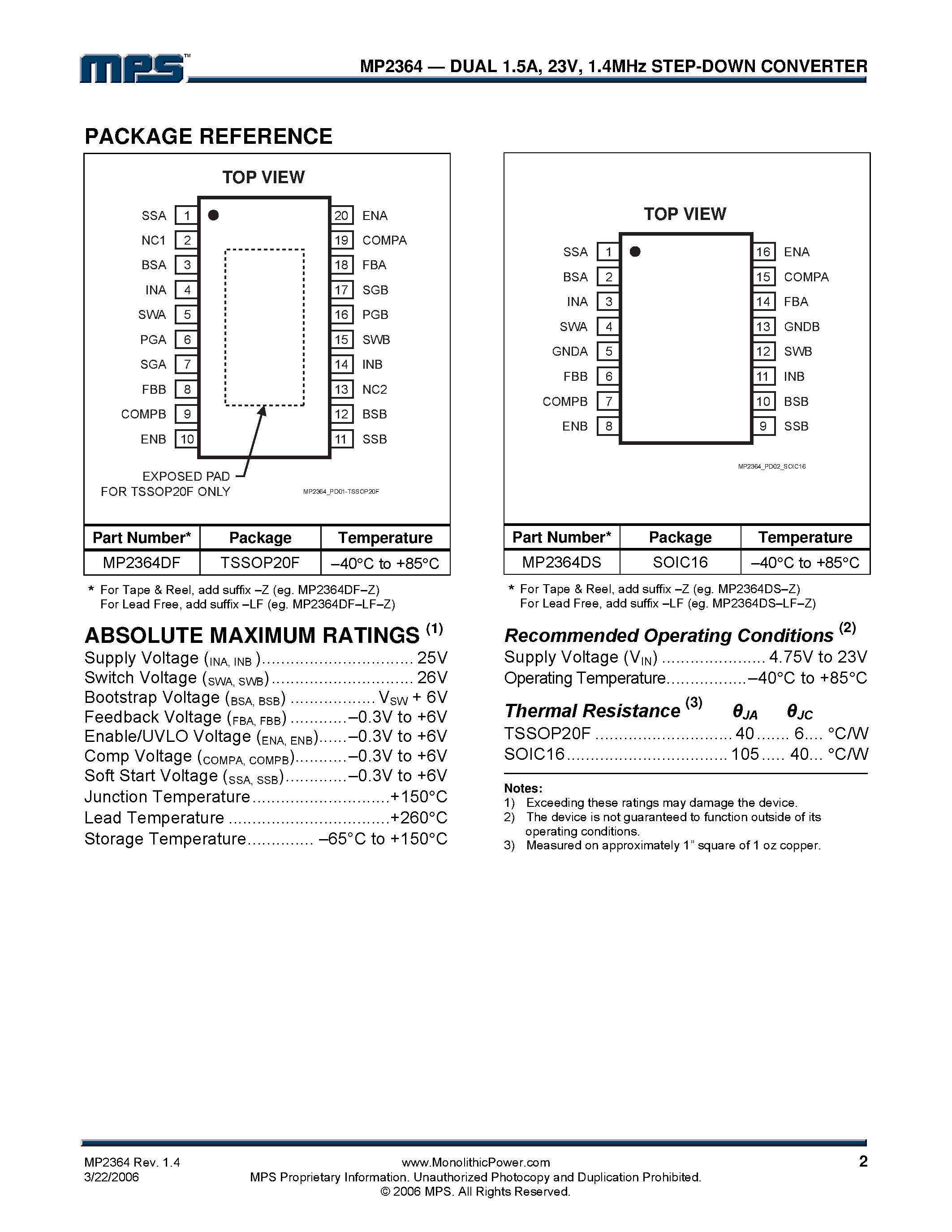 Datasheet MP2364 - 1.4MHz Step-Down Converter page 2