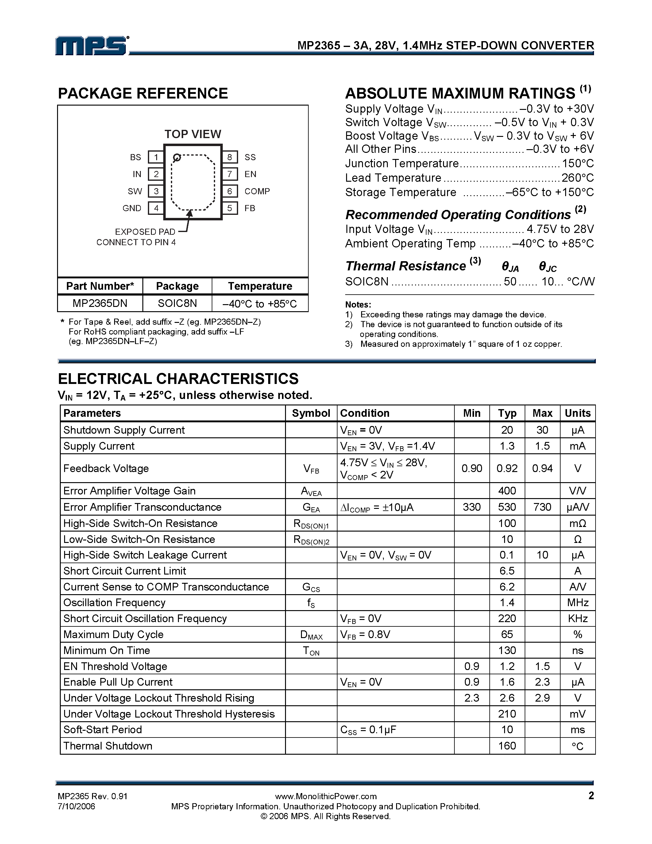 Datasheet MP2365 - 1.4MHz Step-Down Converter page 2