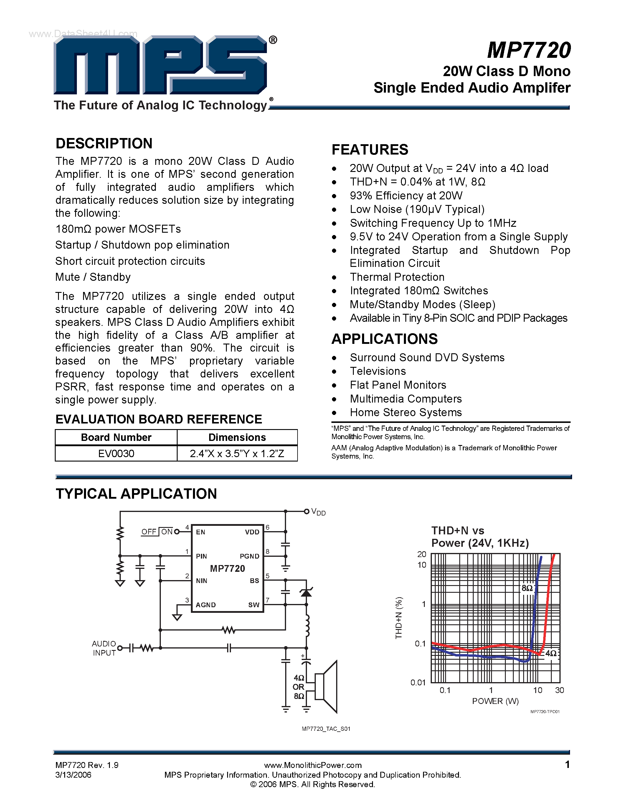 Даташит MP7720 - 20W Class D Mono Single Ended Audio Amplifer страница 1