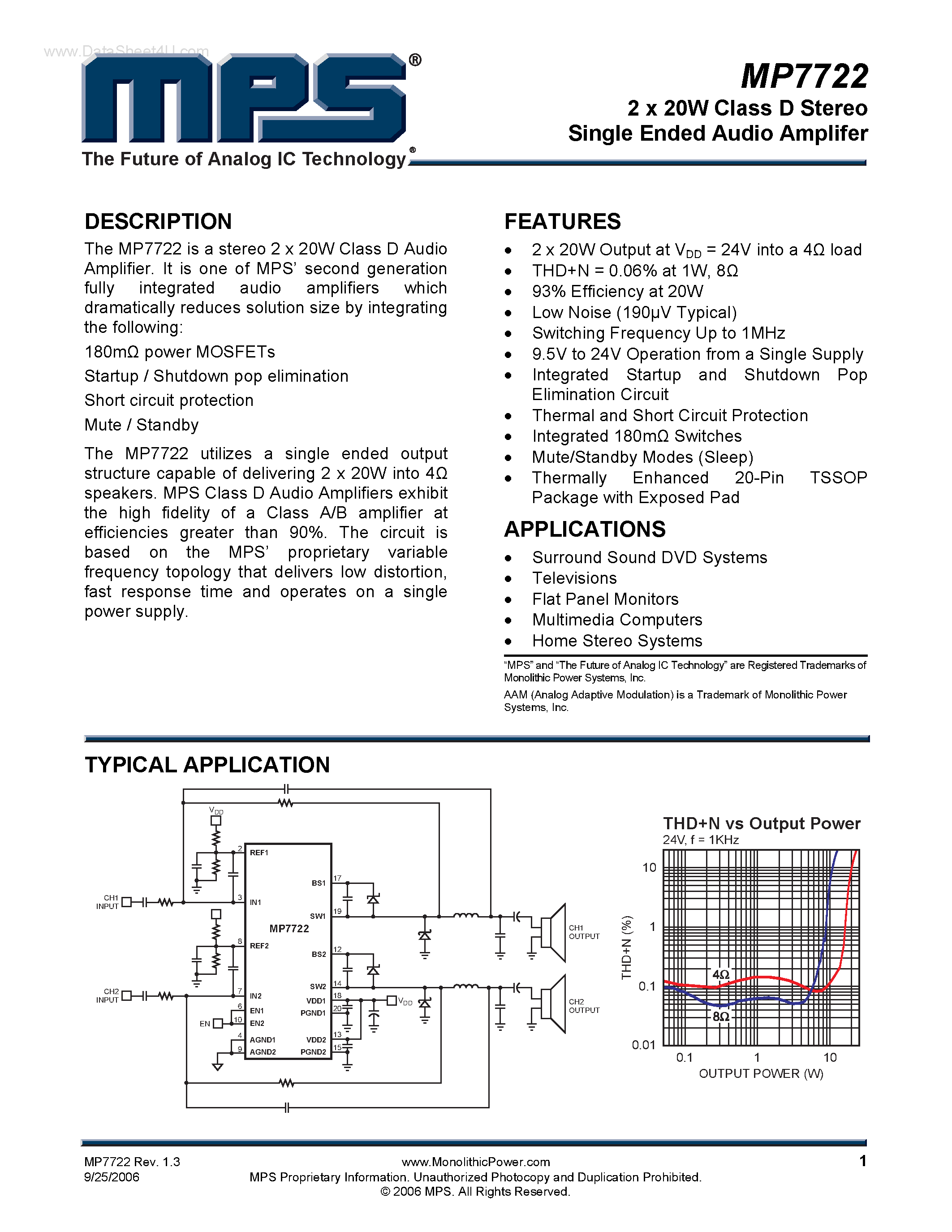 Даташит MP7722 - 2 x 20W Class D Stereo Single Ended Audio Amplifer страница 1