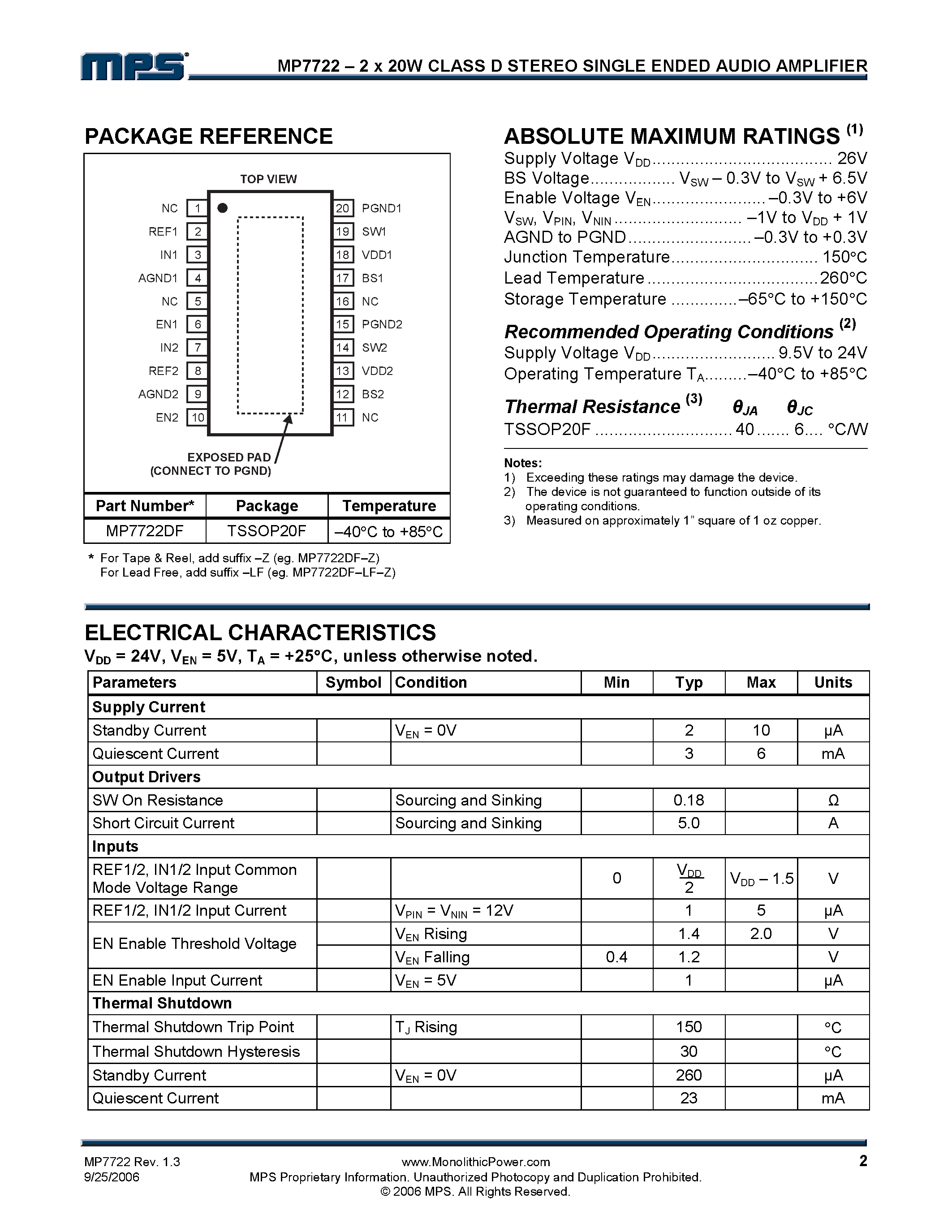 Даташит MP7722 - 2 x 20W Class D Stereo Single Ended Audio Amplifer страница 2