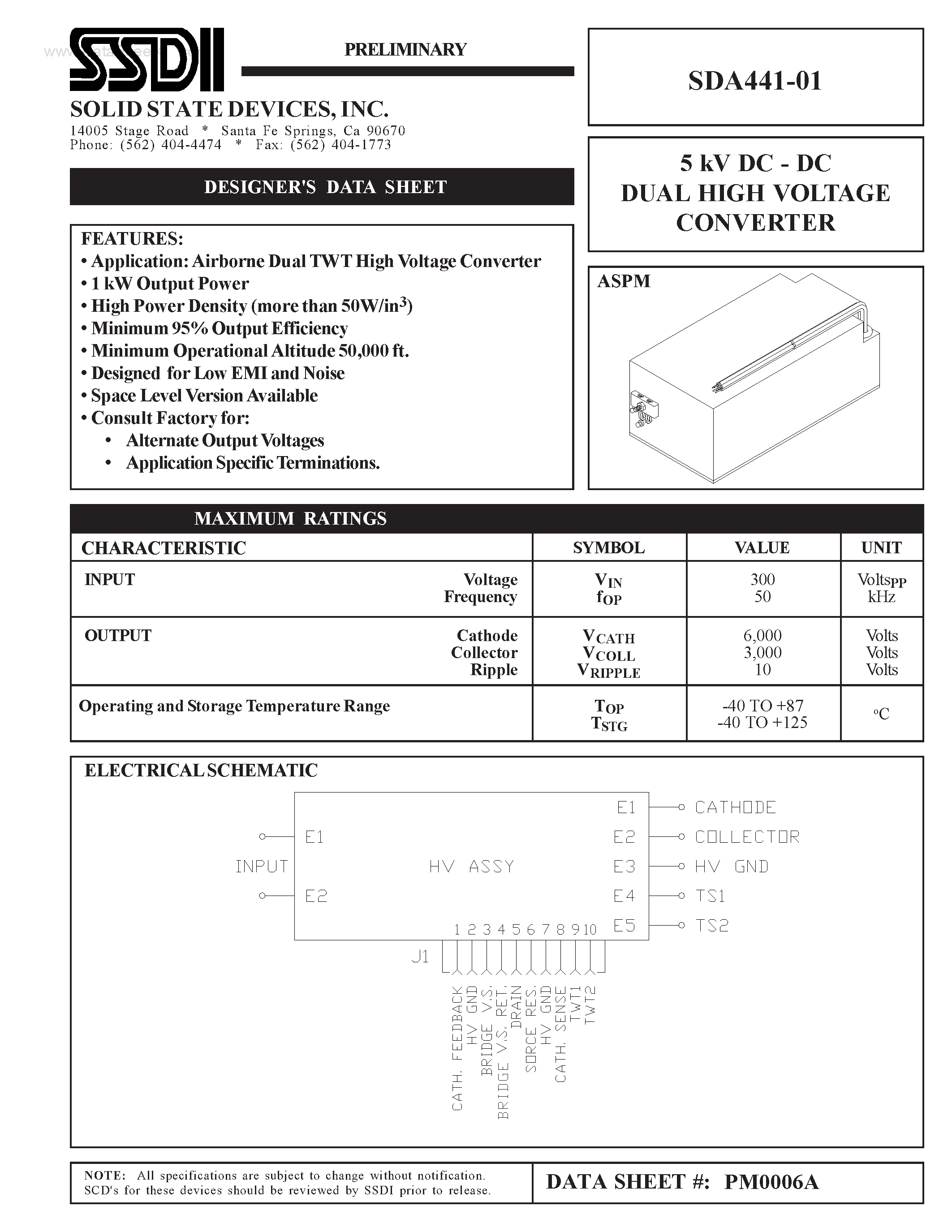 Datasheet SDA441-01 - 5 kV DC - DC DUAL HIGH VOLTAGE CONVERTER page 1