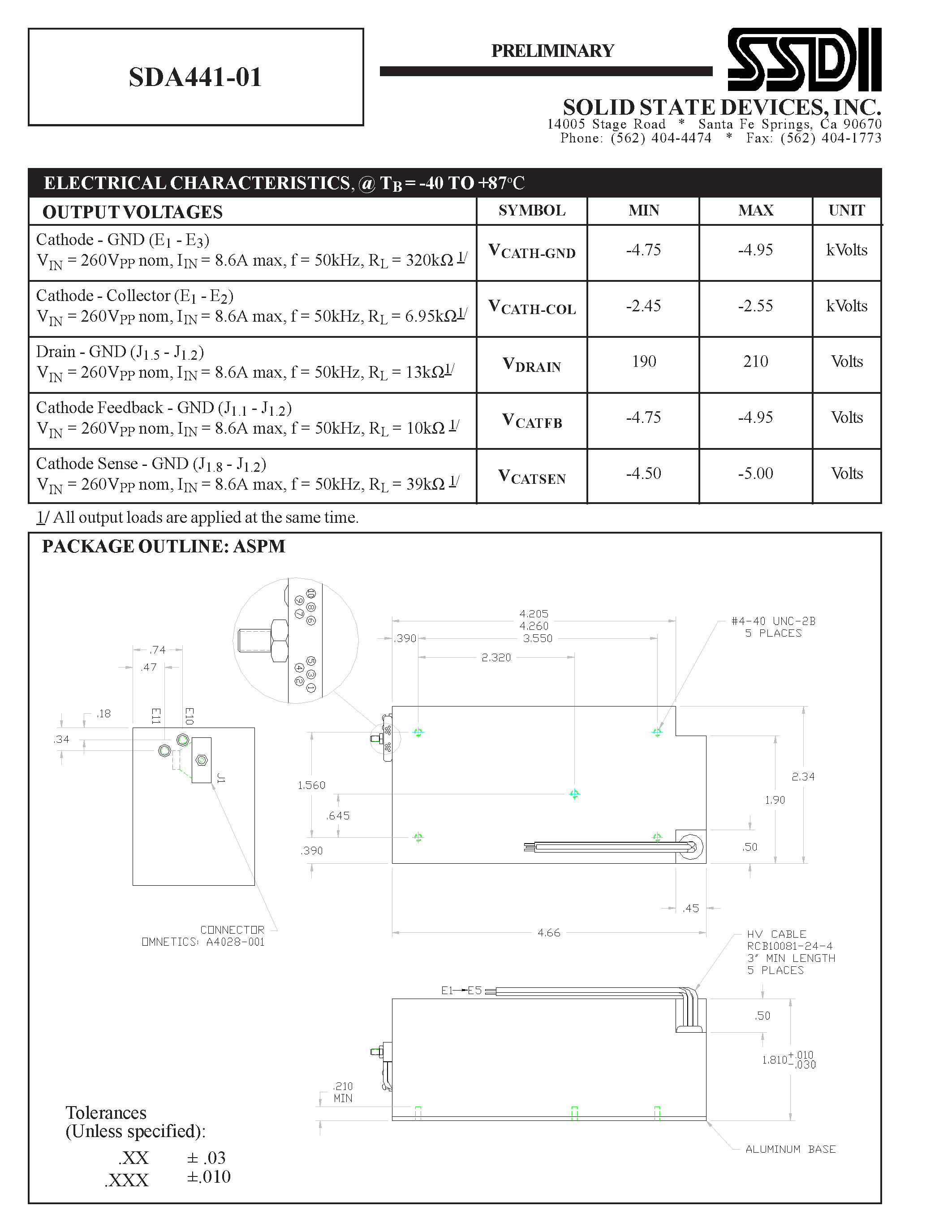 Datasheet SDA441-01 - 5 kV DC - DC DUAL HIGH VOLTAGE CONVERTER page 2