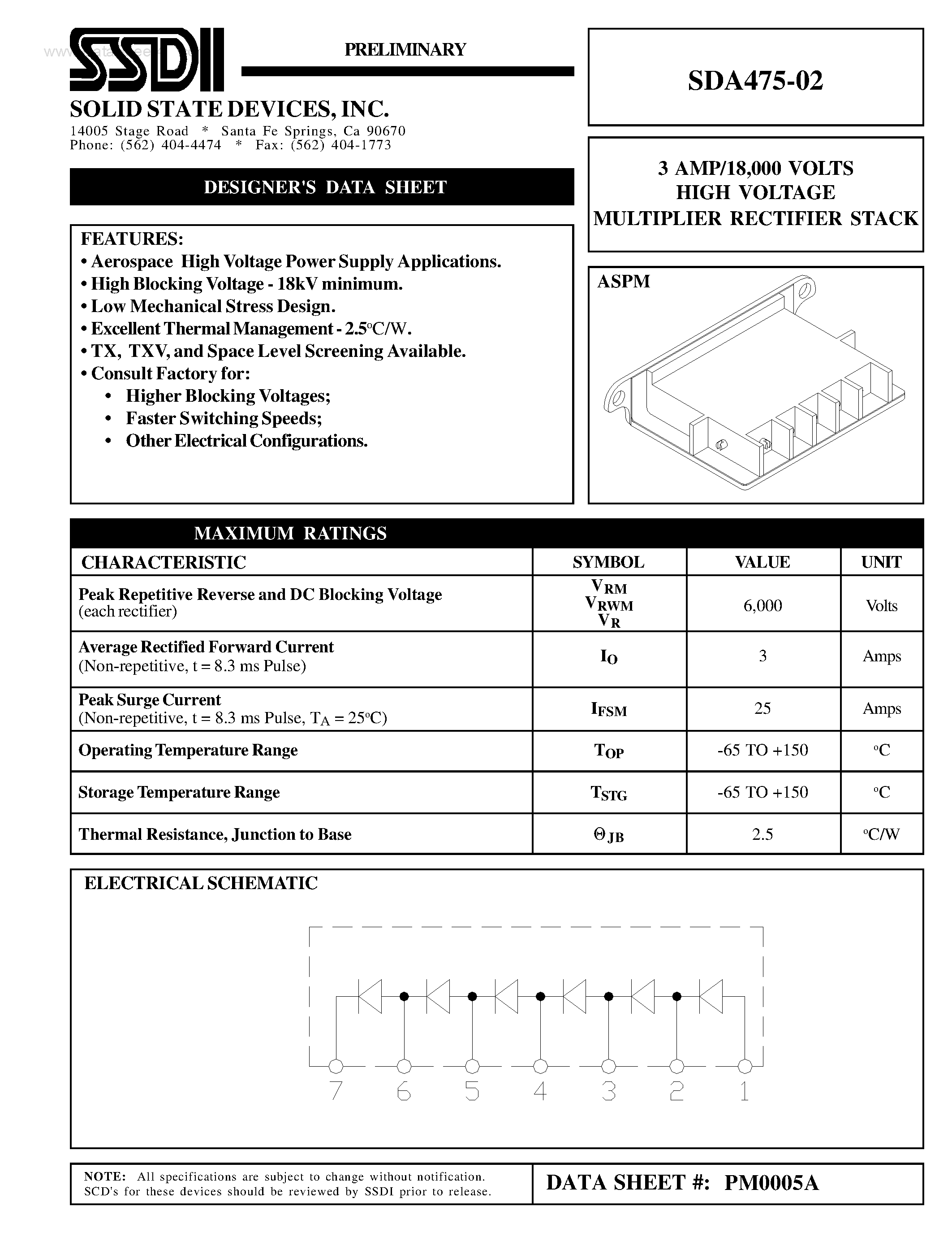 Даташит на микросхему SDA475-02 страница 1 Даташит SDA475-02 - HIGH VOLTAGE MULTIPLIER RECTIFIER STACK страница 1
