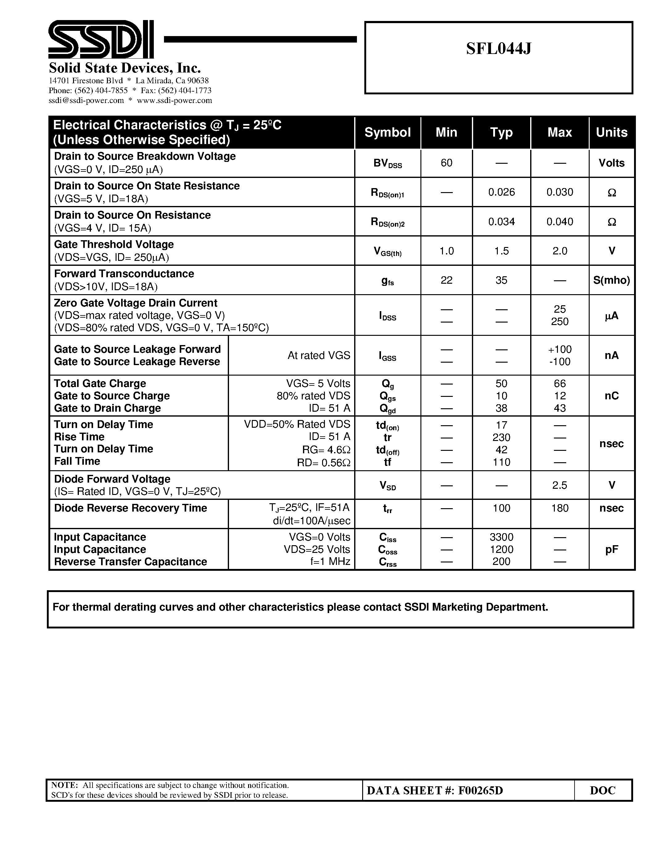 Даташит SFL044J - N-Channel Logic Level POWER MOSFET страница 2
