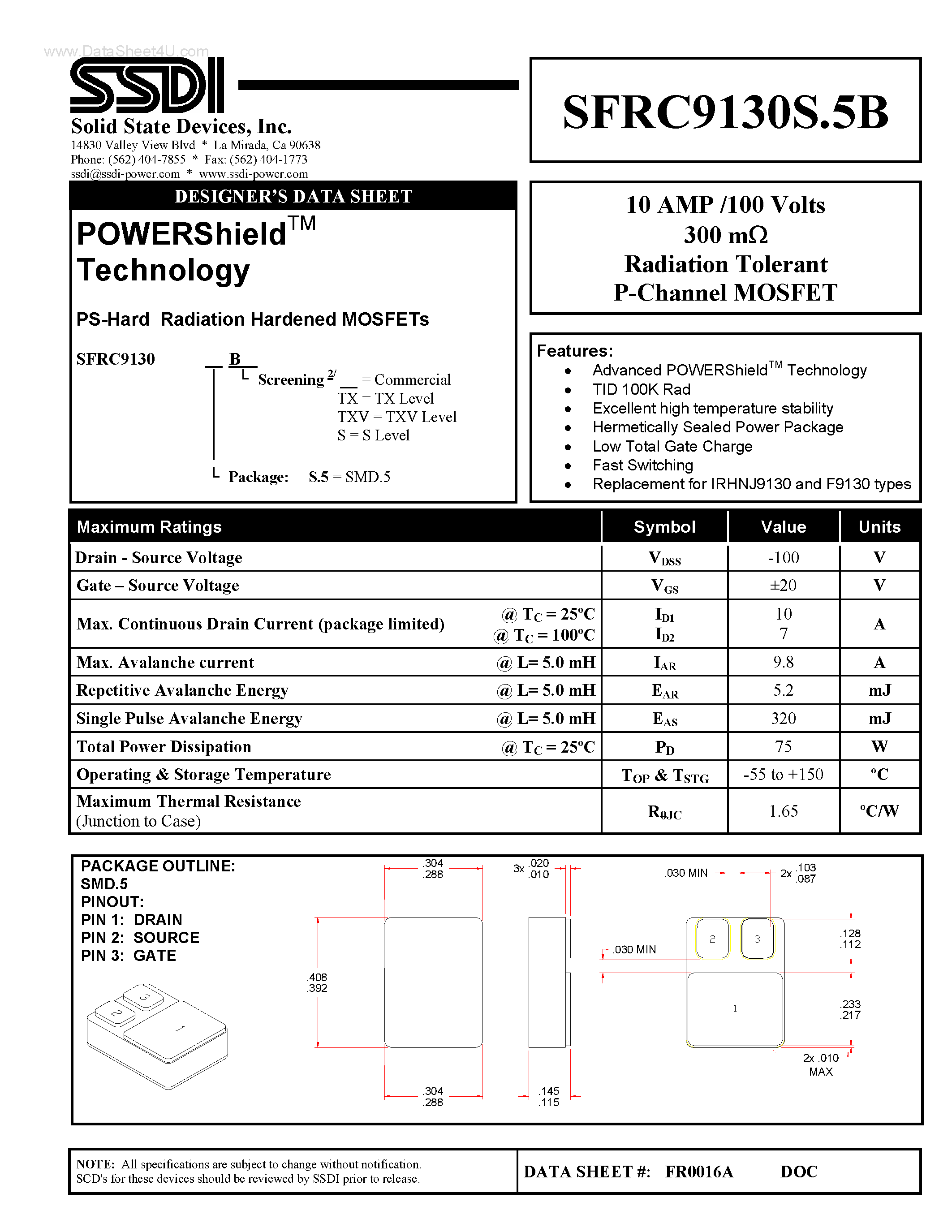 Datasheet SFRC9130S.5B - Radiation Tolerant P-Channel MOSFET page 1