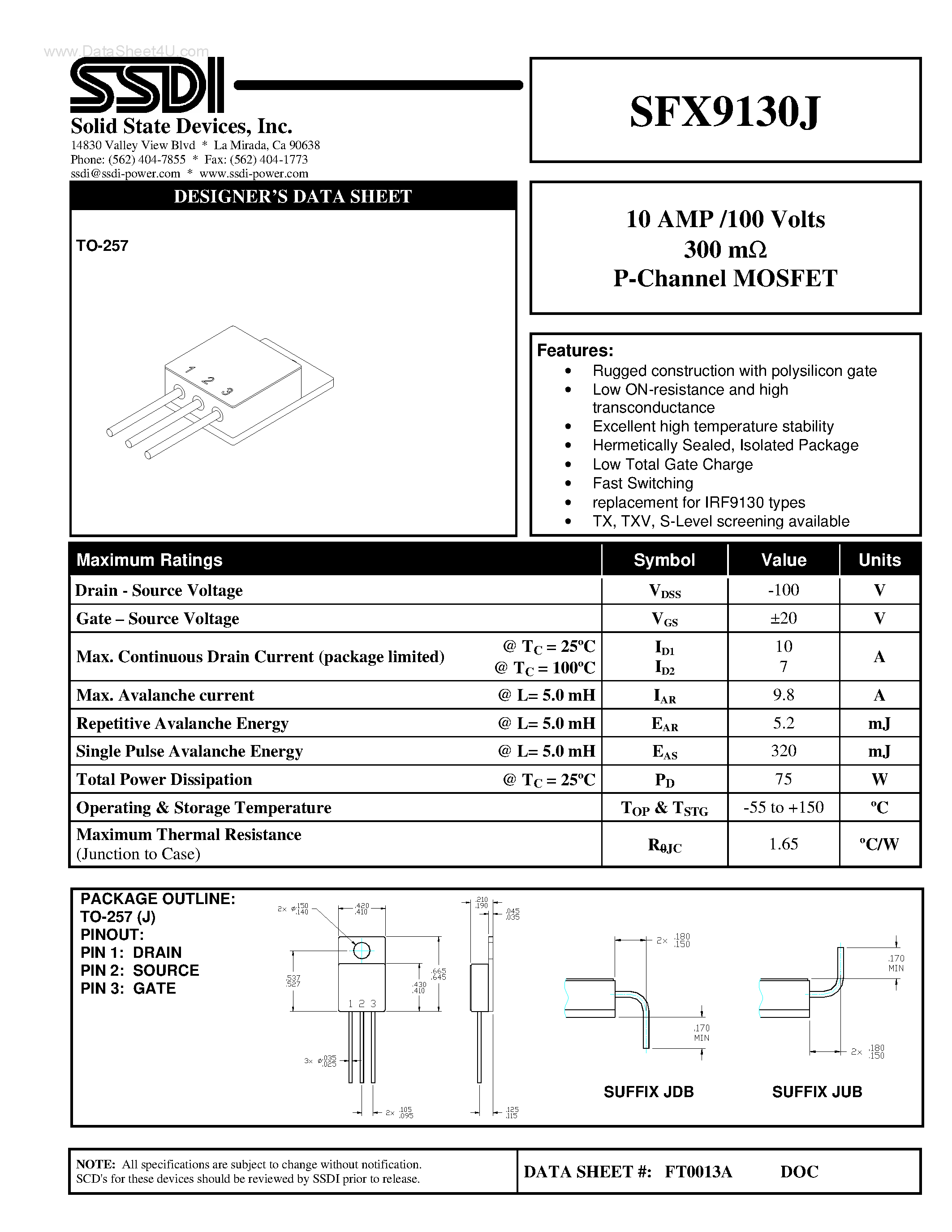 Даташит SFX9130J - P-Channel MOSFET страница 1