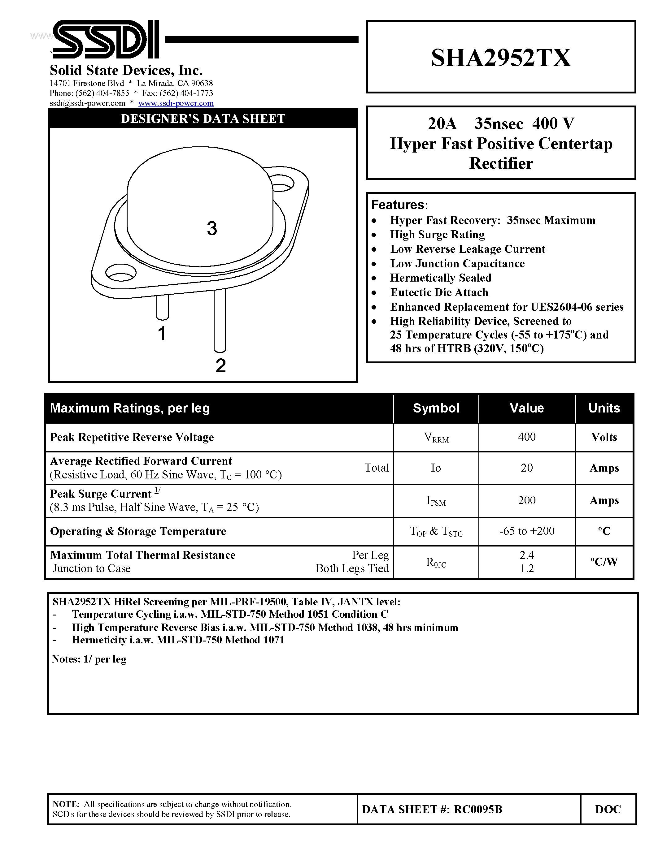 Datasheet SHA2952TX page 1 Datasheet SHA2952TX - Hyper Fast Positive Centertap Rectifier page 1