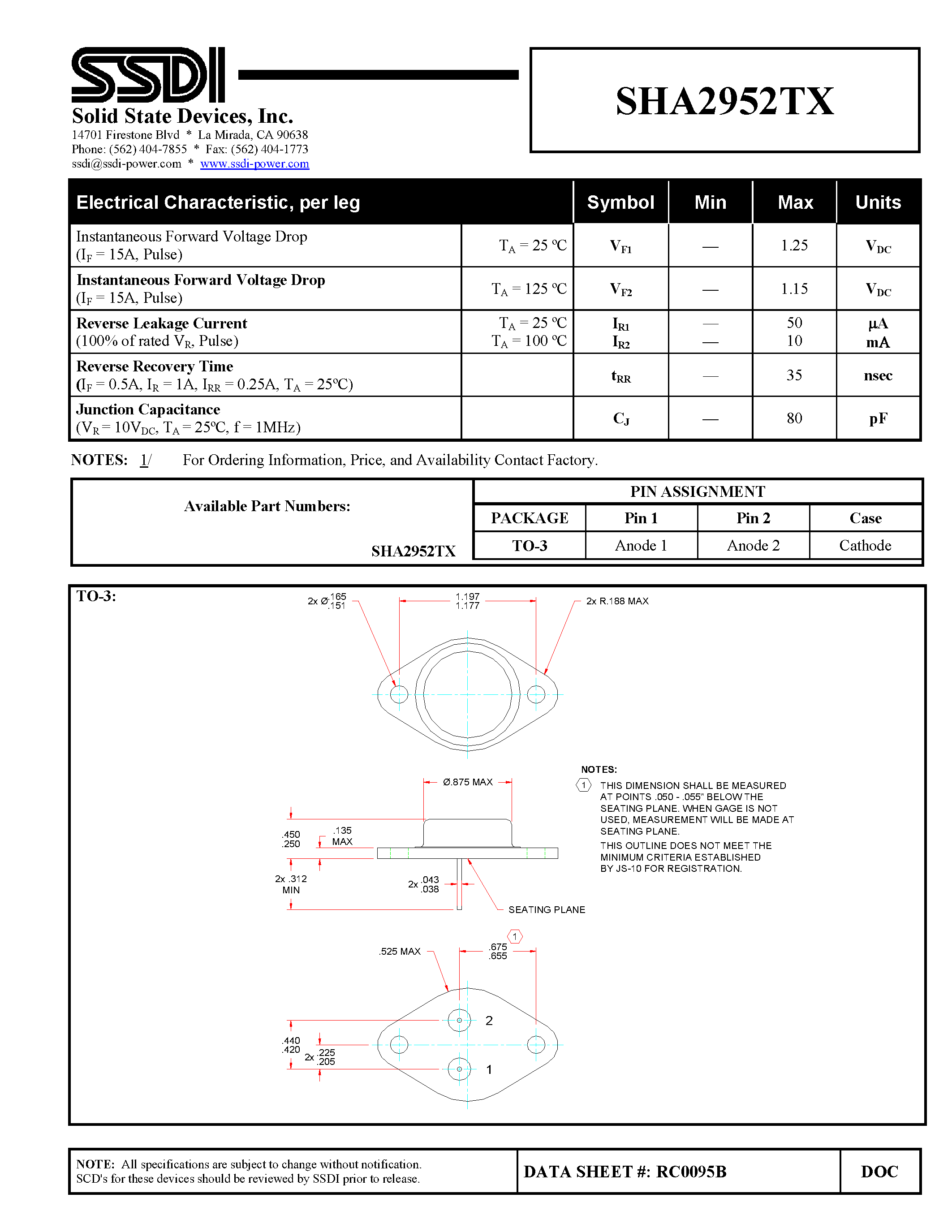Datasheet SHA2952TX page 2 Datasheet SHA2952TX - Hyper Fast Positive Centertap Rectifier page 2