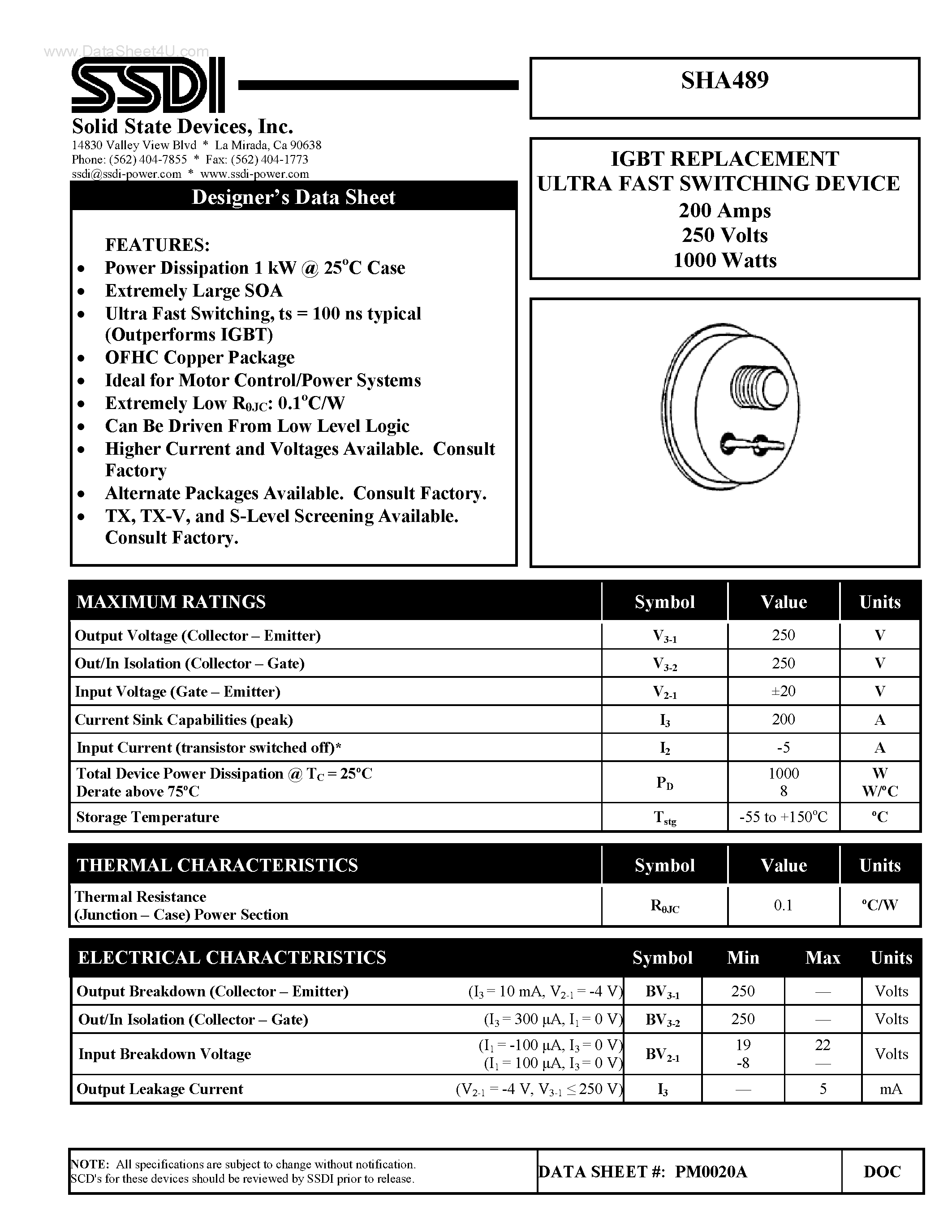 Datasheet SHA489 - IGBT REPLACEMENT ULTRA FAST SWITCHING DEVICE page 1