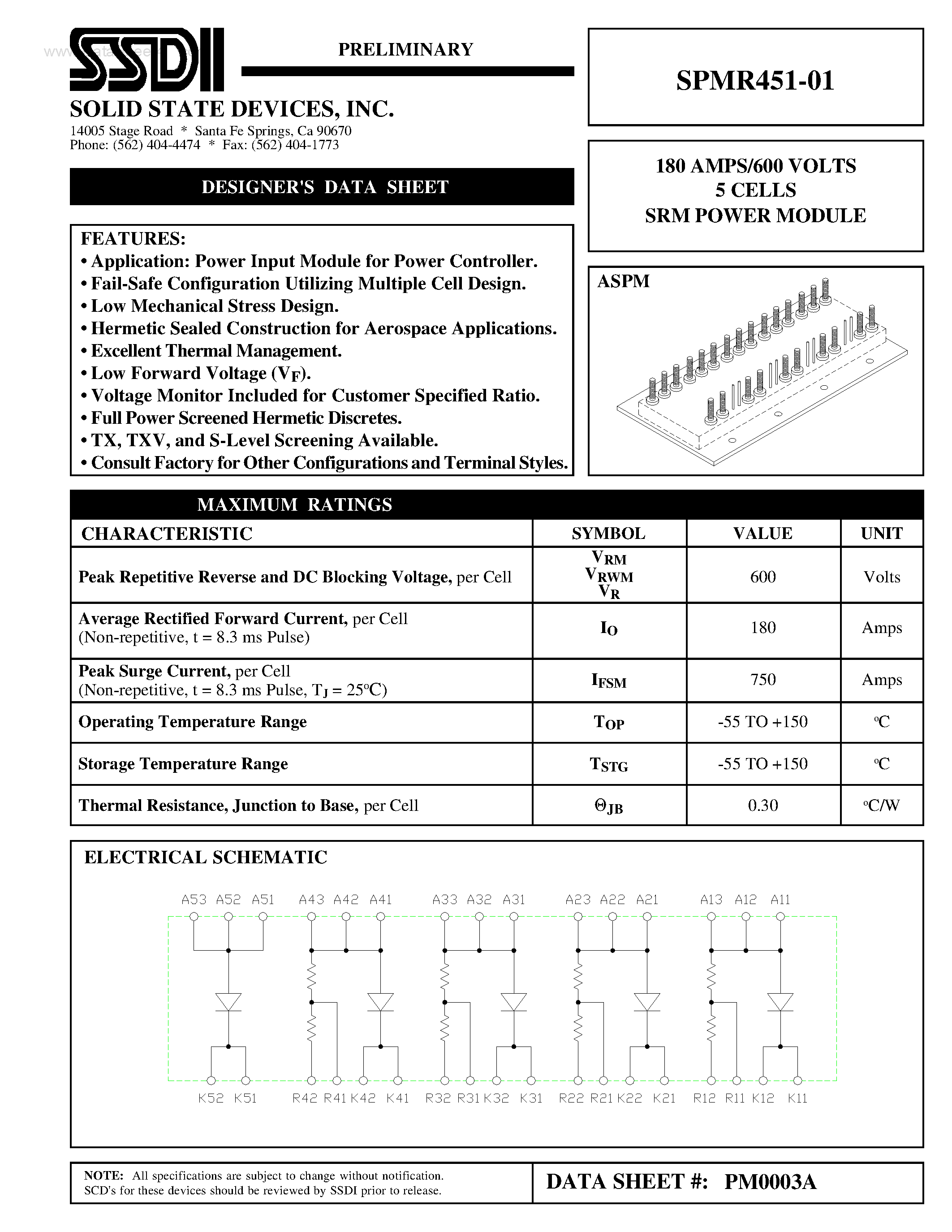 Datasheet SPMR451-01 page 1 Datasheet SPMR451-01 - 5 CELLS SRM POWER MODULE page 1